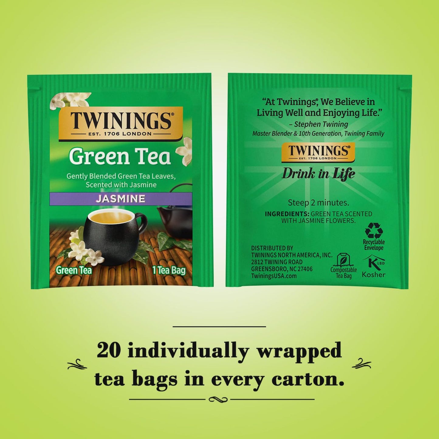 Twinings Green Tea With Jasmine, Individually Wrapped Bags, Fragrant Floral Scent, Caffeinated, 20 Count, (Pack of 2)
