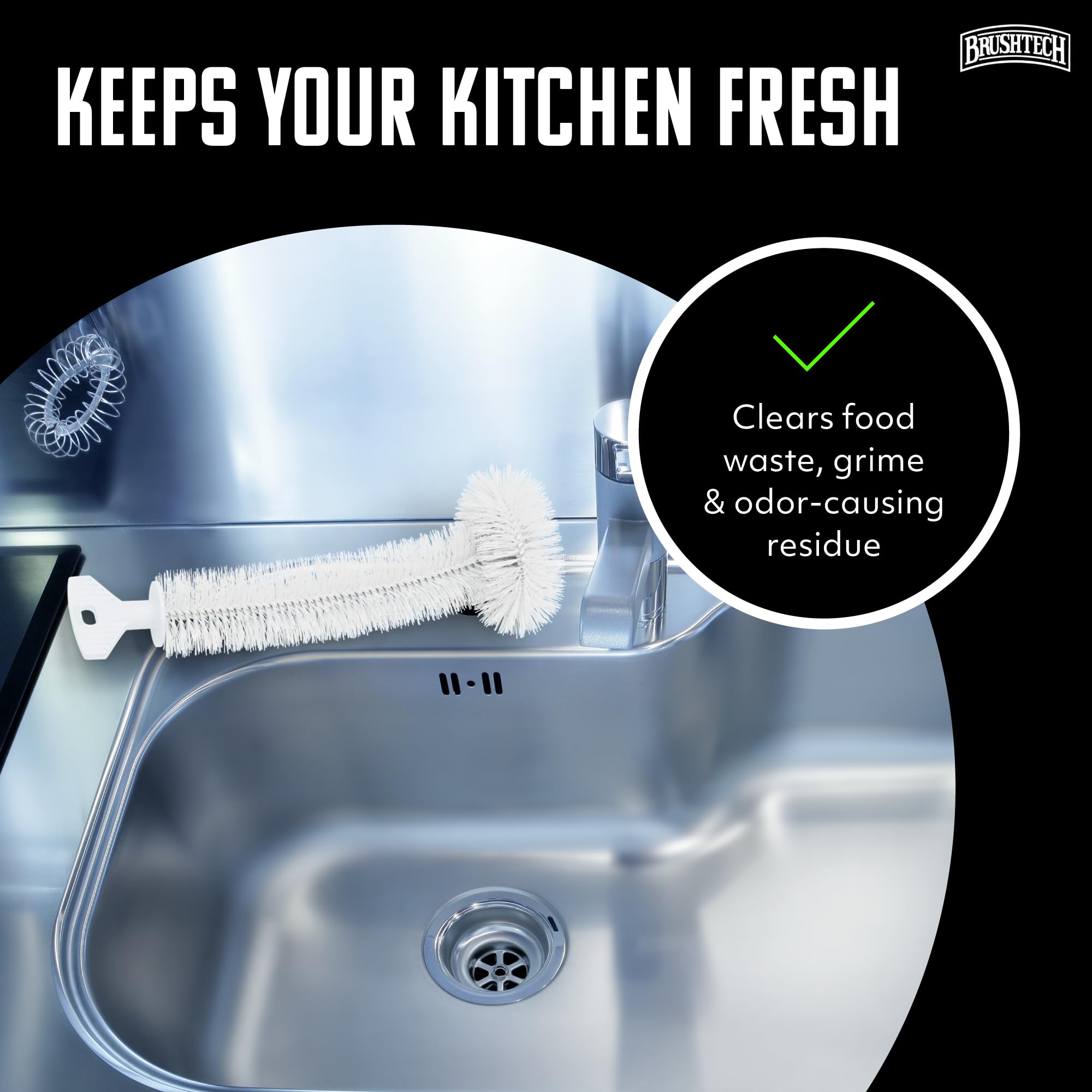 Brushtech Kitchen Sink Disposal Brush - Ergonomic T-Handle Cleaner with Rounded Bristles Designed to Remove Odor-Causing Debris from Sink Drains