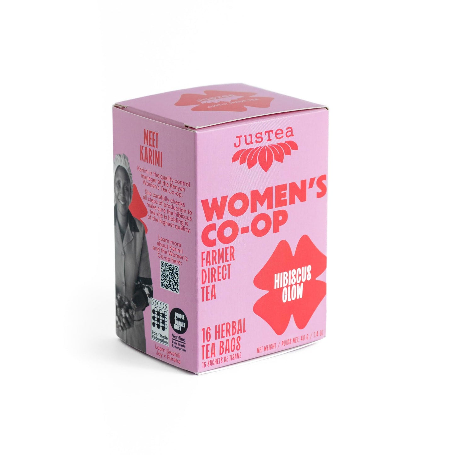 JusTea HIBISCUS GLOW | Herbal Tea Bags, Caffeine-Free, Organic Hibiscus Tea | Fair-Trade | Plastic-Free Tea Bags | Vegan, Sugar-Free, Gluten-Free | 16