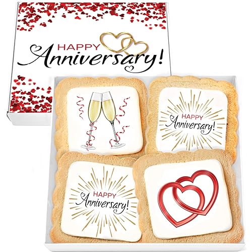 Happy Anniversary Cookies 4 PACK Gift Basket for Kids Men Women | Decorated Sugar Cookie Gift Box | Individually Wrapped Party Favors Nut Free