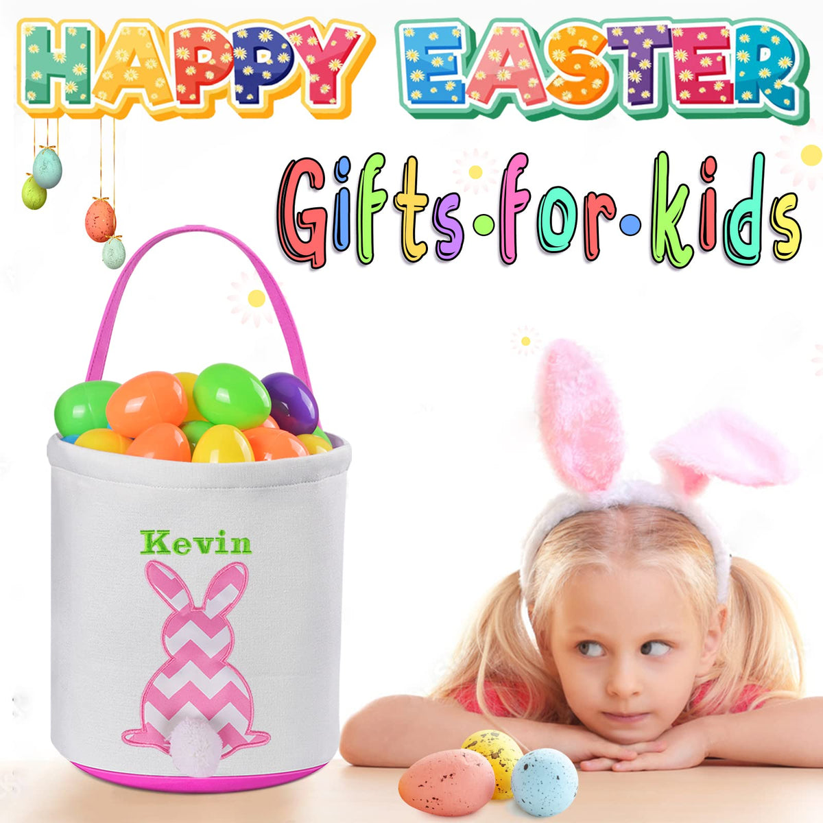 Personalized Easter Bunny Basket, Touber 2 Pack Easter Baskets for Kids Customized Easter Basket Easter Basket Bags Personalized Easter Baskets