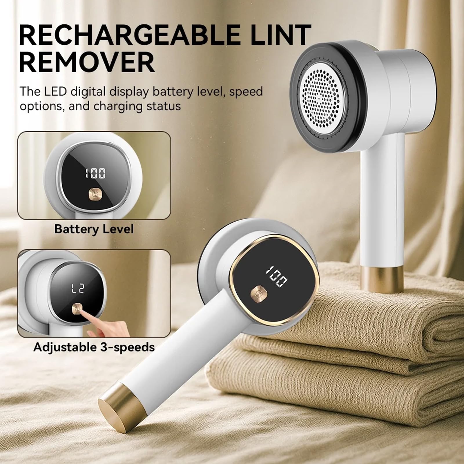 Smyeviva Rechargeable Fabric Shaver for Clothes: 6-Leaf Blades & 3 Speeds to Remove Pilling, Fuzz & Lint Balls - with LED Display, Portable Electric