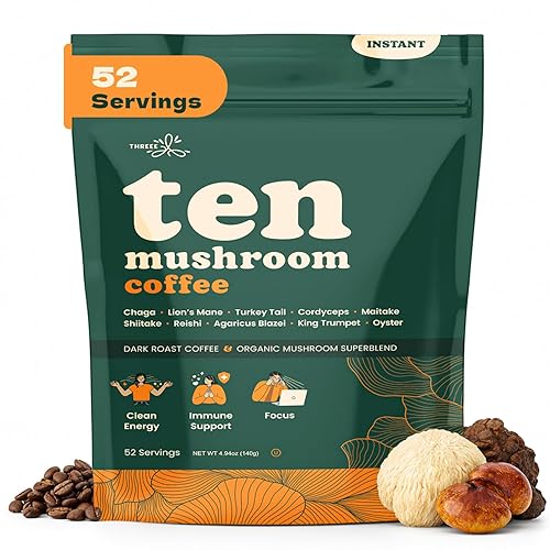 Ten Mushroom Coffee- Instant Dark Roast Coffee with 10 Organic Functional Mushrooms (Lion’s Mane, Chaga, Cordyceps, Reishi & More)- Mushroom Coffee