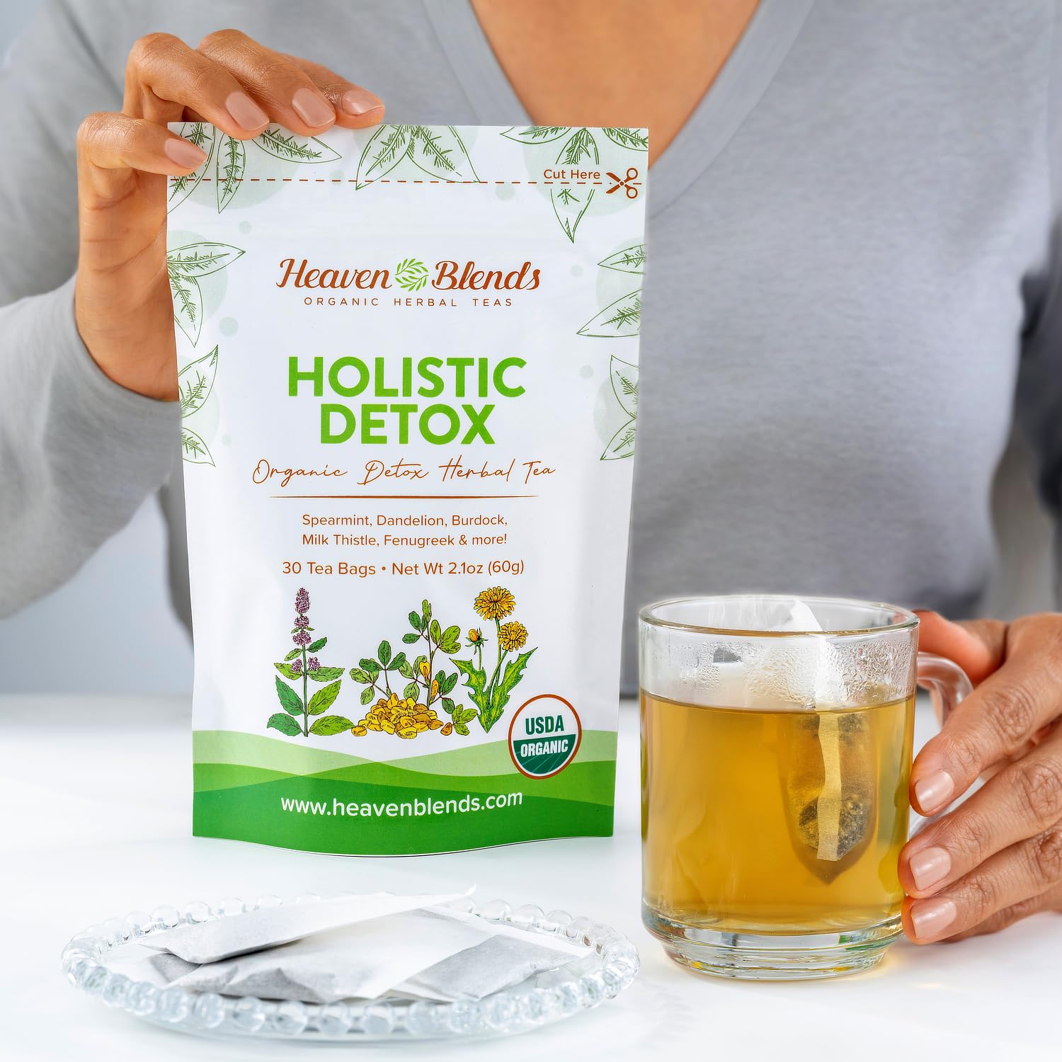 Heaven Blends Organic Holistic Detox Tea - USDA Organic - Spearmint, Dandelion, Burdock, Milk Thistle Seed, Fenugreek & Yellowdock Root - sugar free