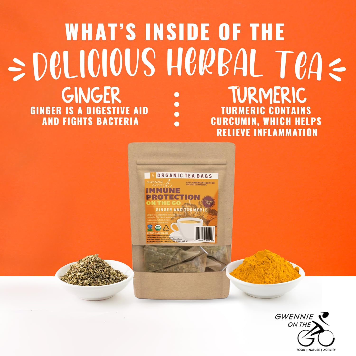 Gwennie on the GO - Immune Protection on the GO | Organic Ginger & Turmeric | USDA Certified| Digestive & Immune Support Herbal Tea |2-Pack | 5
