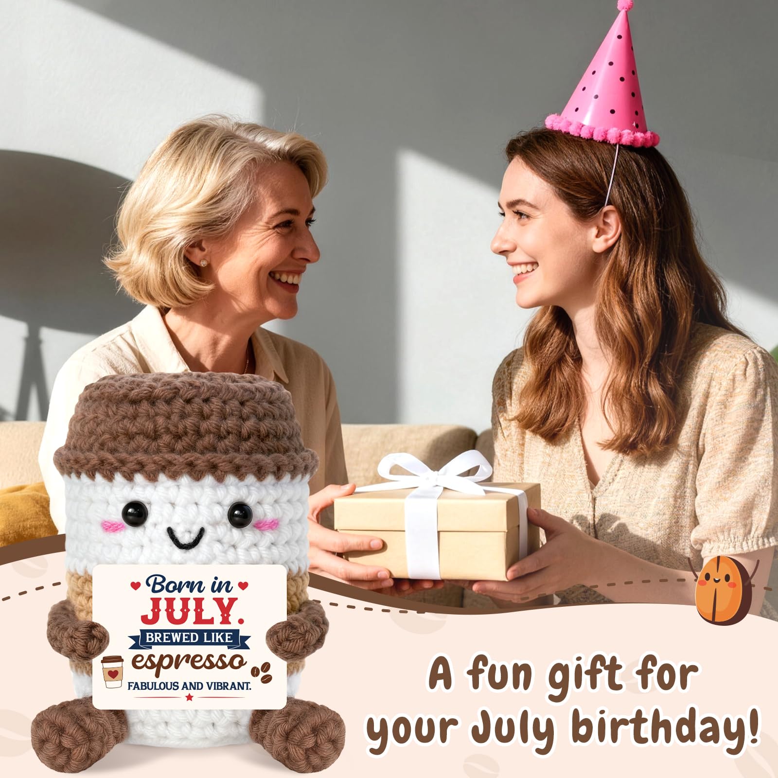 July Birthday Gifts for Women/Men Coffee Cup Plush - Crochet Emotional July Birthday Gifts Coffee, 30th 40th 50th 60th Born in July Queen Plush