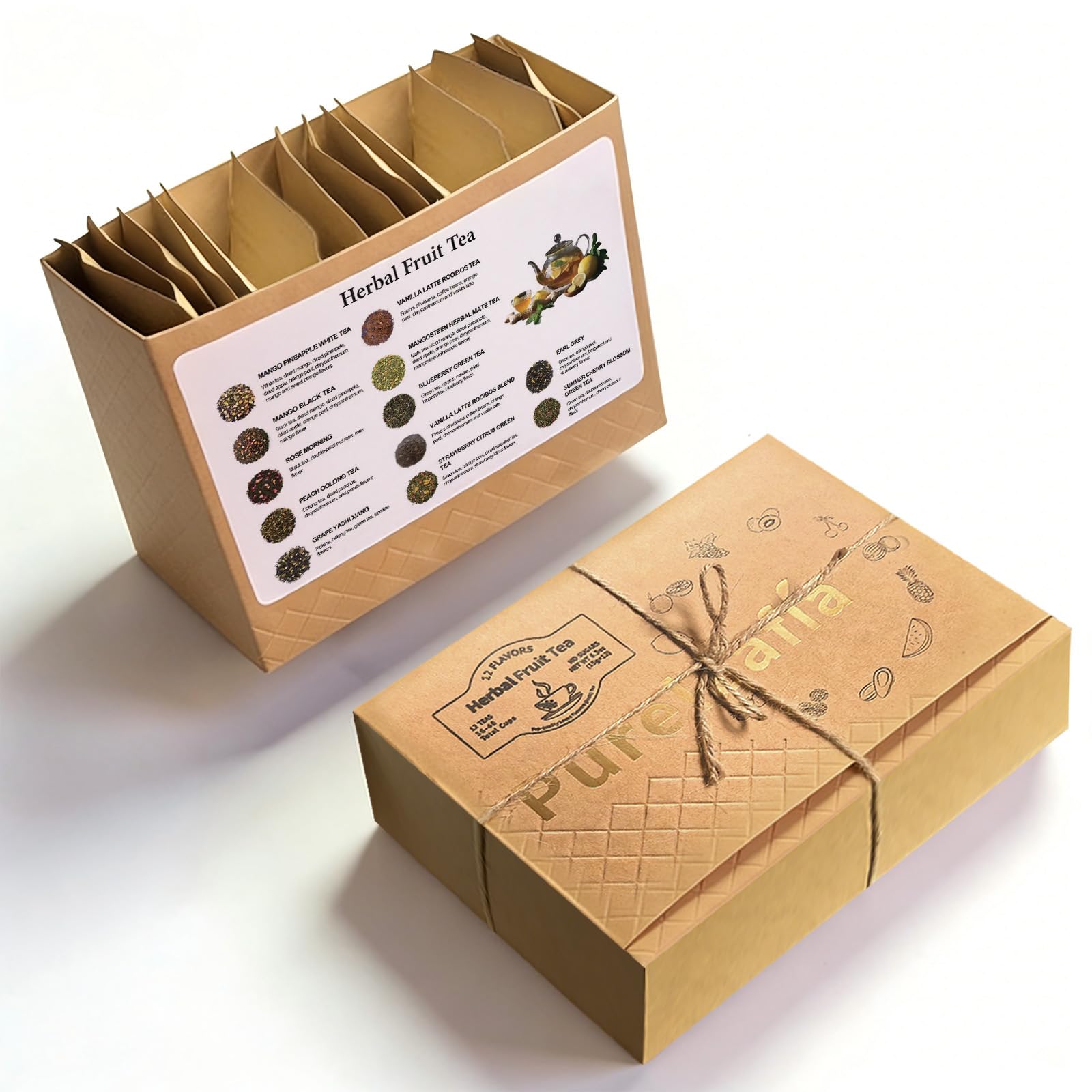 Pureleafia Herbal Fruit Tea Gift Set - 12 Artisan Flavors, 15g Loose Leaf Pouches, Hot & Cold Brew, Sugar-Free, High Concentration 5g for 2L Pitcher