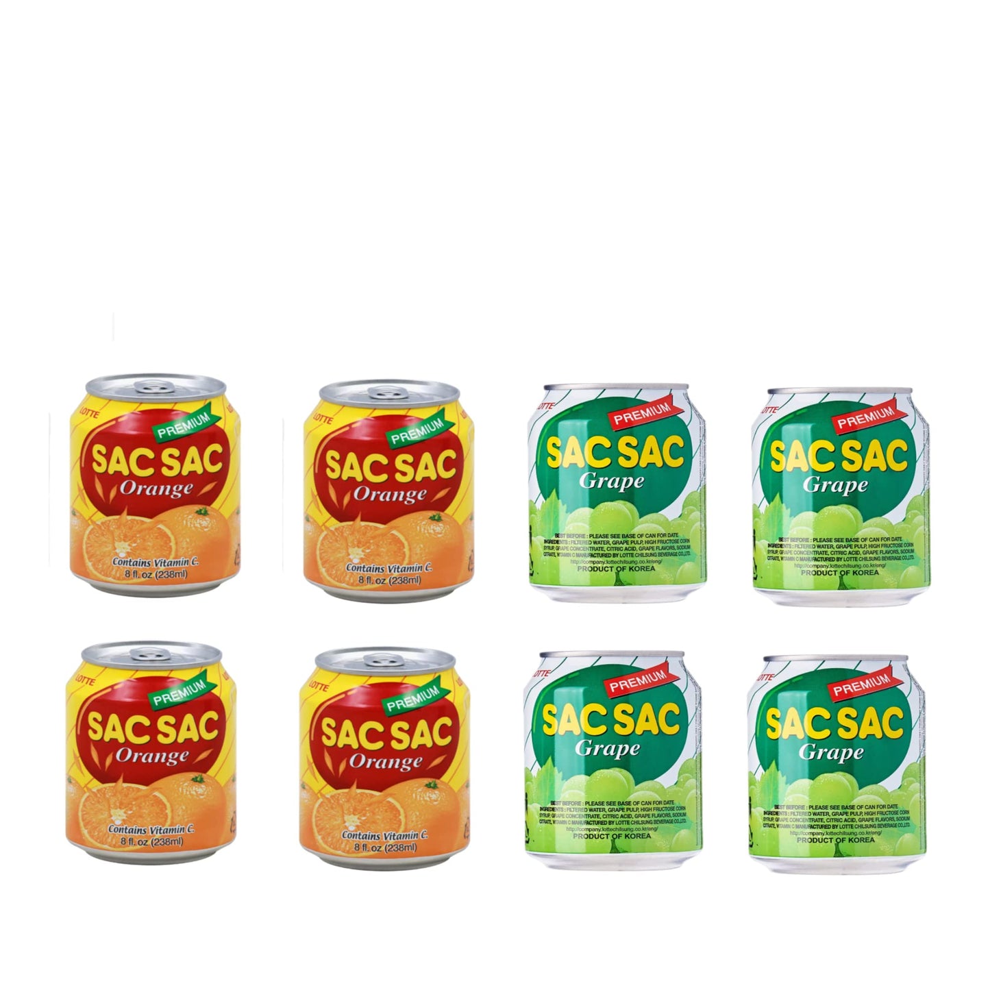 LOTTE SAC SAC Orange Grape COCO Grape Variety Package Best Lunch Box Healthy Drink (2 Combo, set of 4)
