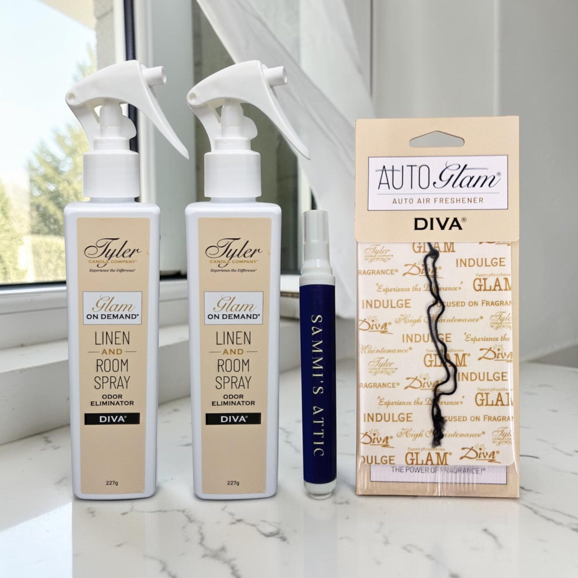 Tyler Diva Room Spray - Glam on Demand 2 Pack - Tyler Linen and Room Spray Bundle with AutoGlam and Stain Remover Pen - Diva Air Freshener and Odor