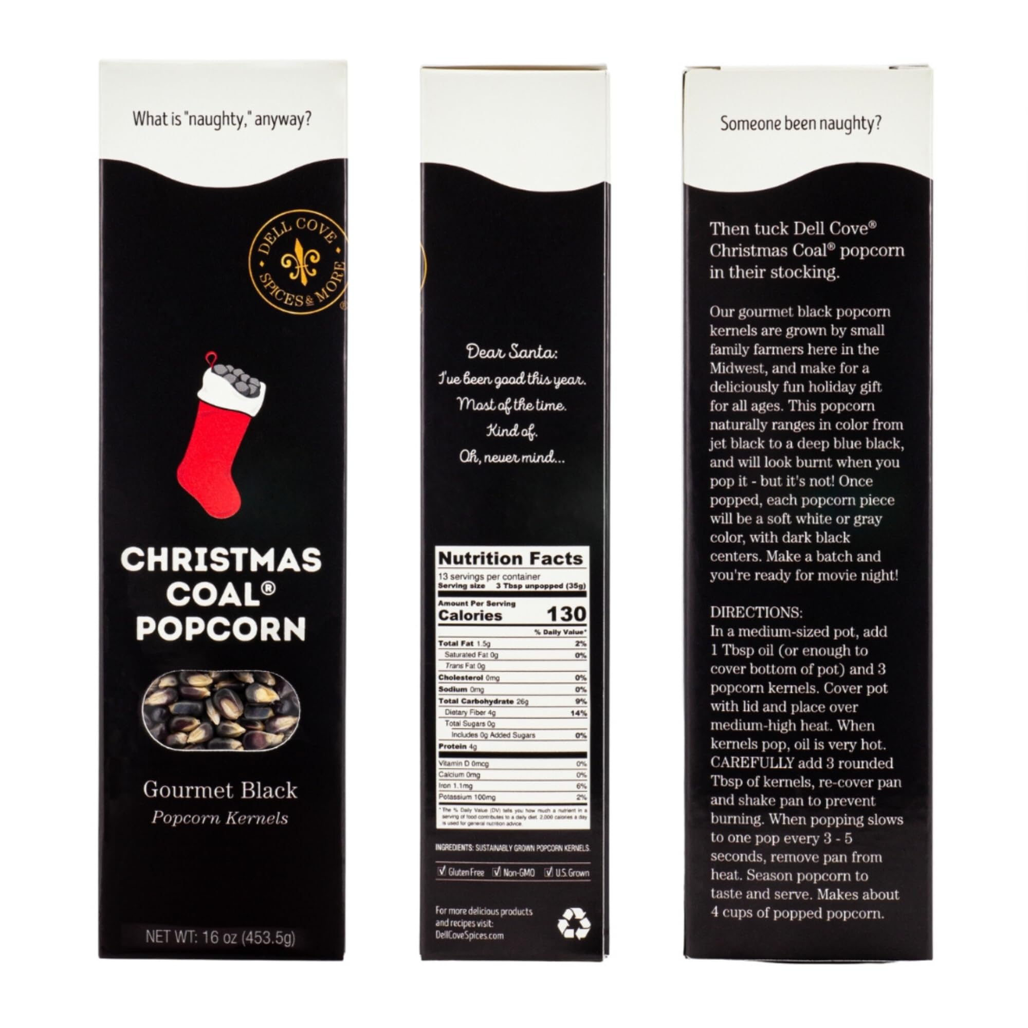 Christmas Coal Gourmet Popcorn Kernels - Fun and Unique X-Mas Stocking Stuffer - Lump of Coal Black Popcorn Gift for Him from Dell Cove Spices, One