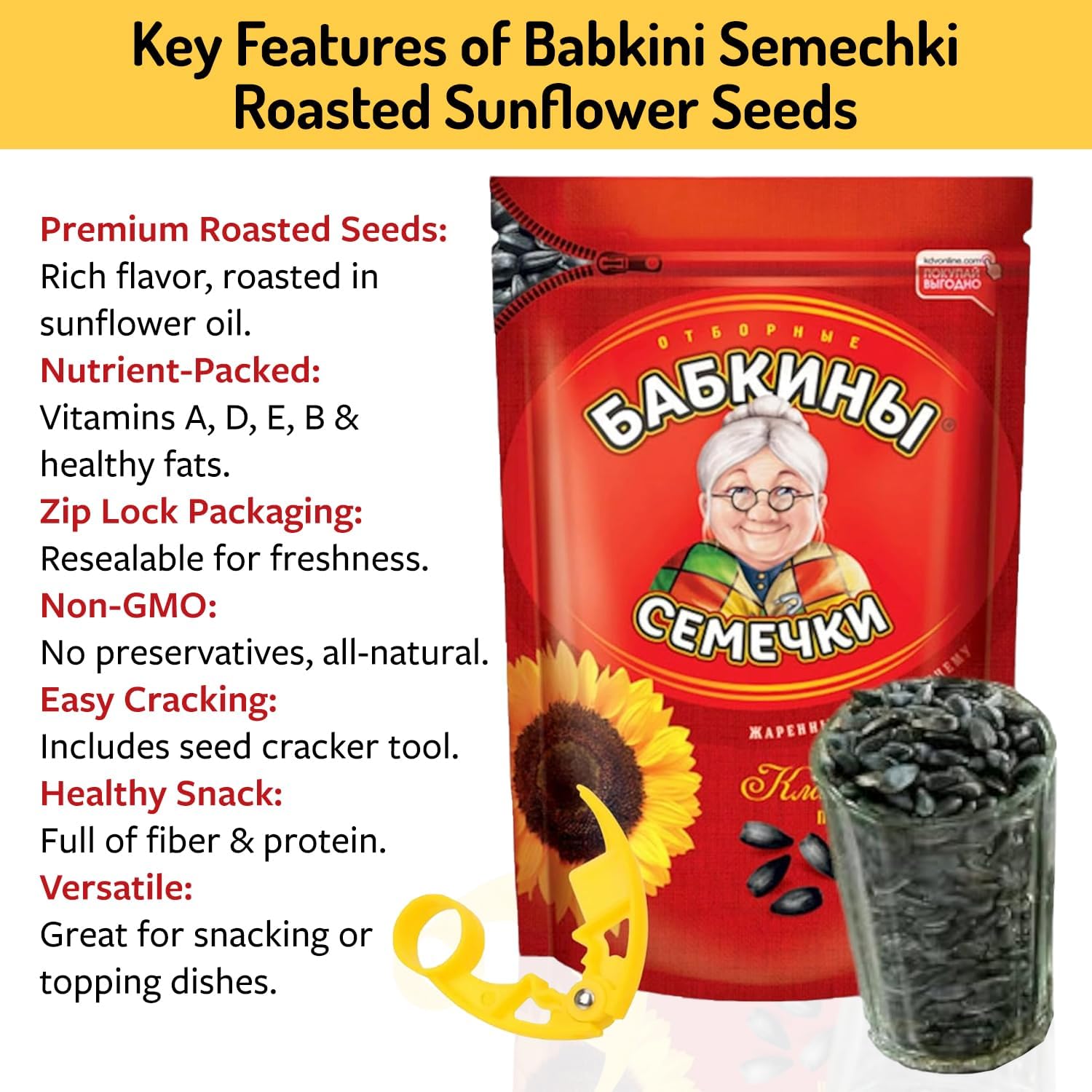 Babkini Semechki Sunflower Seed with Babkini Sticker - Non GMO Seed Packed with Protein& Fiber - Roasted Sunflower Seeds with Resealable Zip Lock