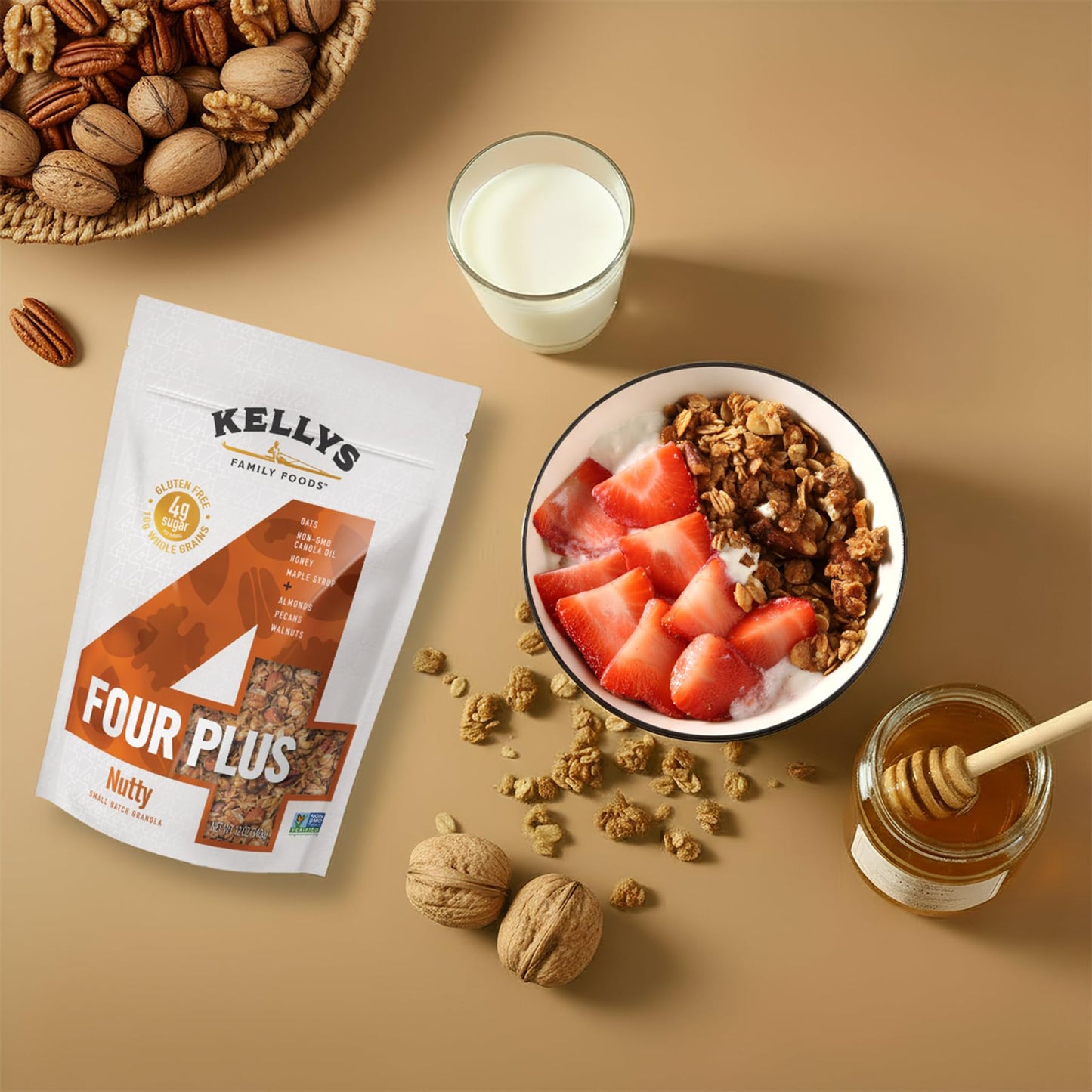 Kellys Four Plus Granola Cereal | Nutty Healthy Granola for Yogurt | Hand Made Snacks for Breakfast - 12 oz
