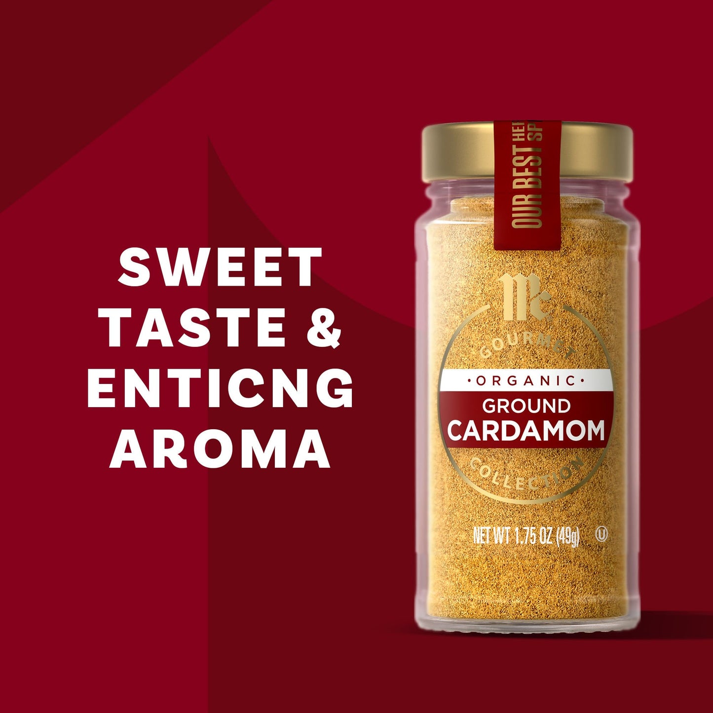 McCormick Gourmet Collection Cardamom, Ground, Organic, Non GMO, Our Best Herbs & Spices, Sweet, Lemony Taste & Enticing Aroma, Enhance Cakes