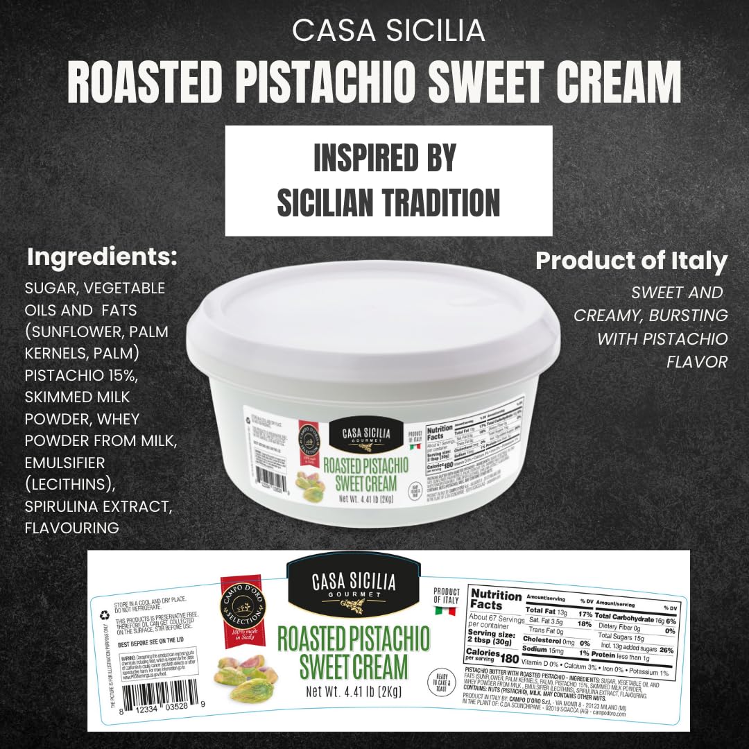 Casa Sicilia Gourmet Roasted Pistachio Sweet Cream Italian Pistachio Dessert Spread Bulk, Made in Italy Premium Nut Cream for Pastry Baking Gelato