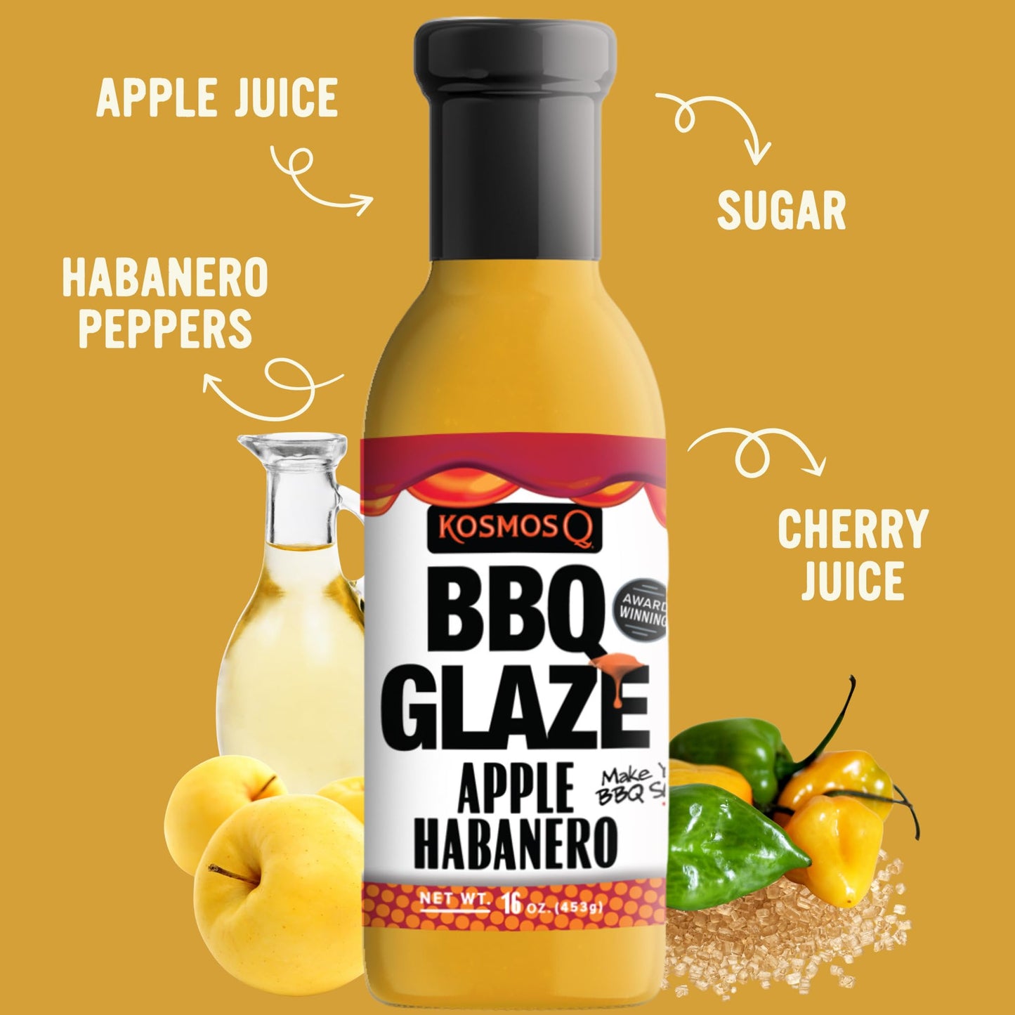 Kosmos Q Apple Habanero BBQ Glaze, Sweet and Spicy Glaze for Ribs, Pork, Chicken, or Brisket, Bold Apple Sauce with Habanero Heat, Competition-Quality