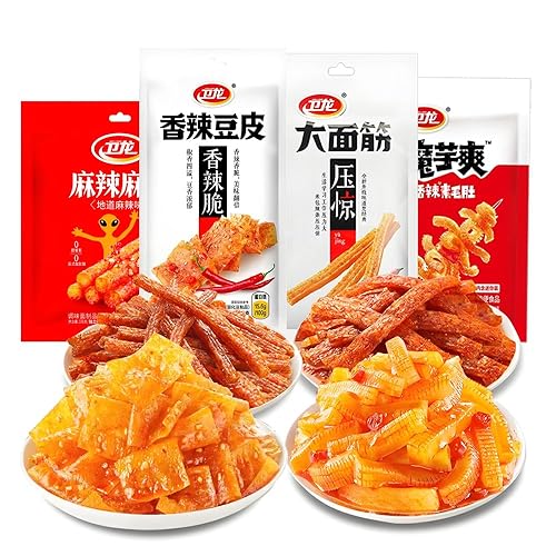 Chinese Spicy Snack Variety Pack, 4 Flavors - soybean skin, Gluten Strips, Konjac Jelly, Spicy Bars, Non-Fried, 60g-80g Bags