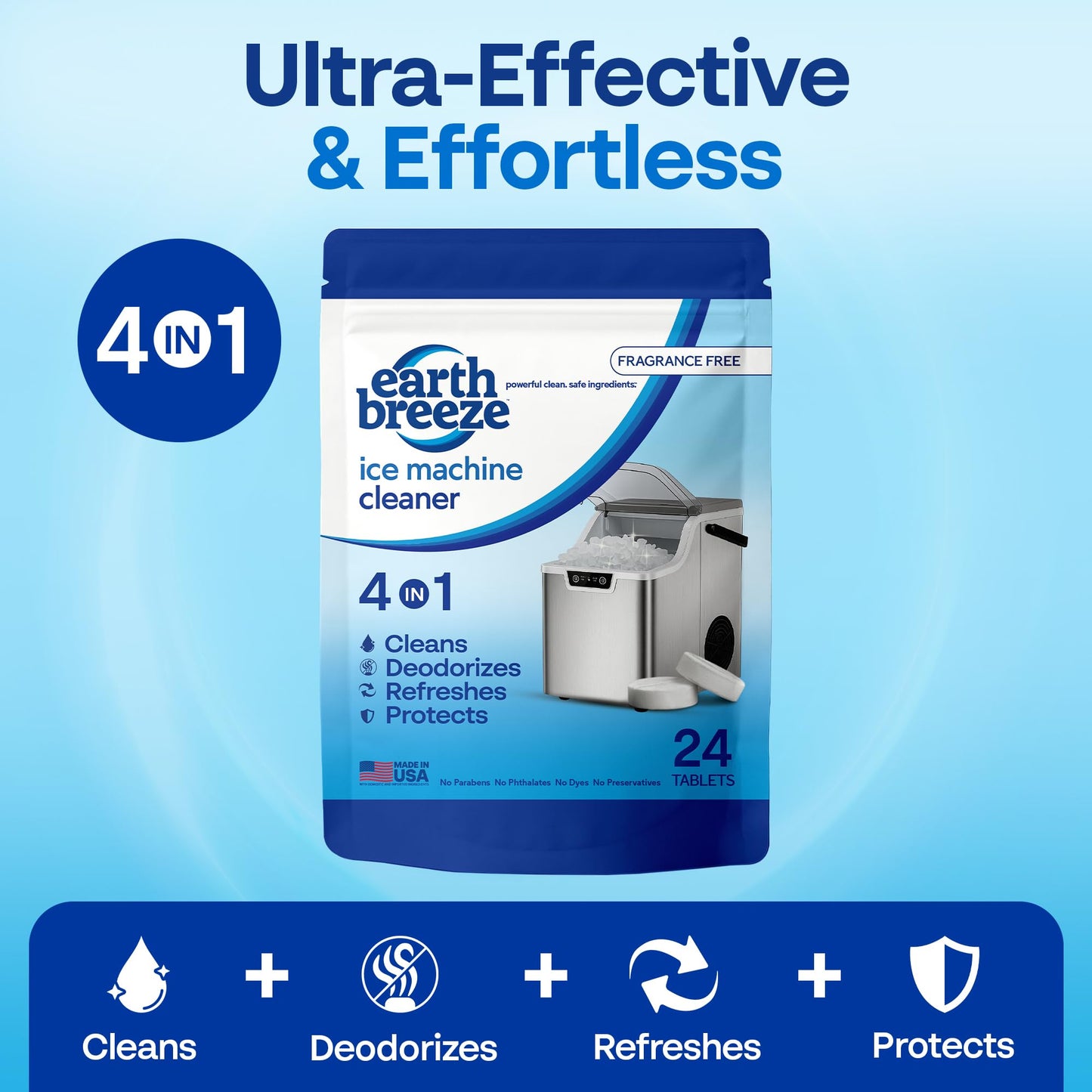 Earth Breeze Ice Machine Cleaner Tablets - 4-in-1 Cleans, Deodorizes, Refreshes & Protects - Fragrance Free, No Harsh Chemicals - Ice Maker Cleaner