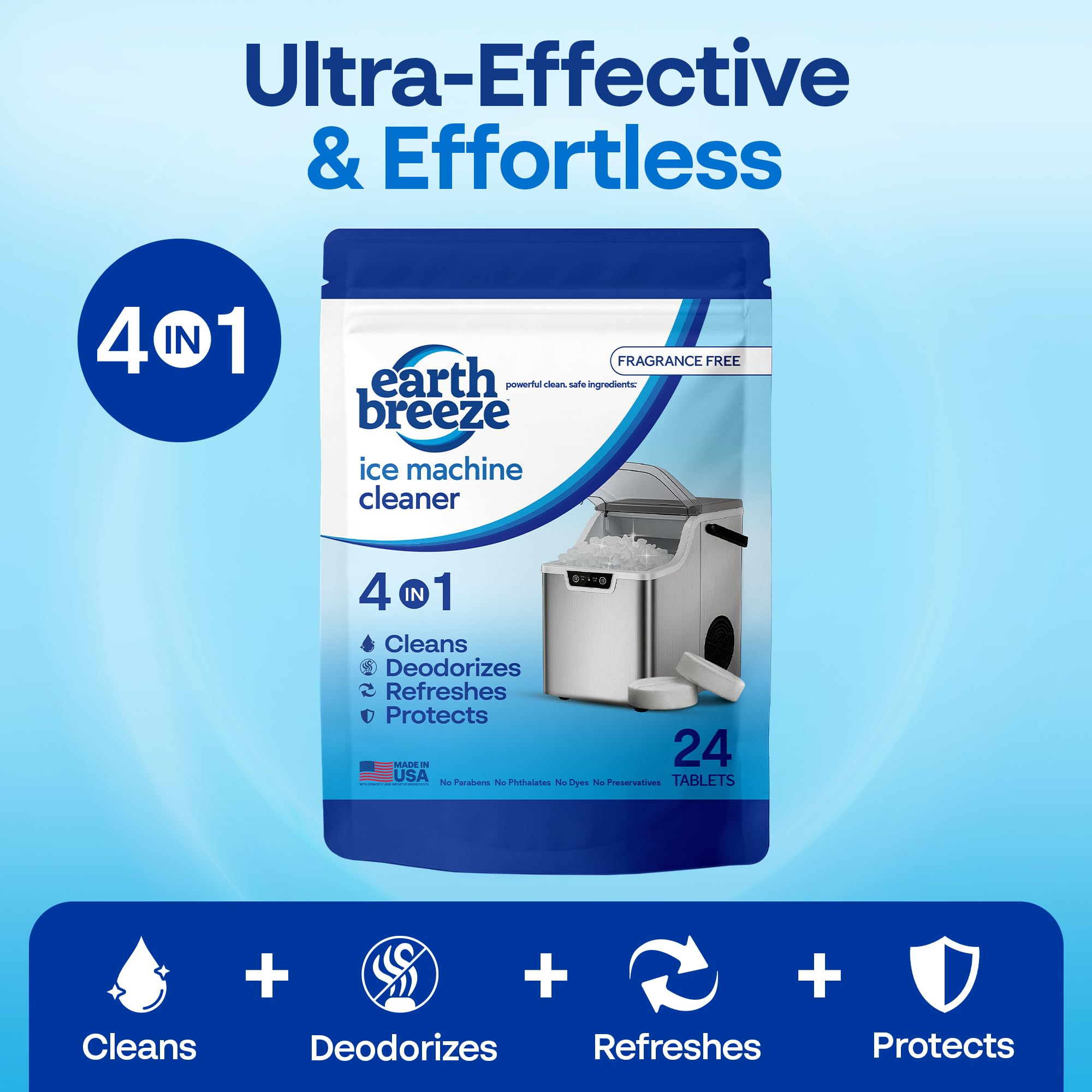 Earth Breeze Ice Machine Cleaner Tablets - 4-in-1 Cleans, Deodorizes, Refreshes & Protects - Fragrance Free, No Harsh Chemicals - Ice Maker Cleaner