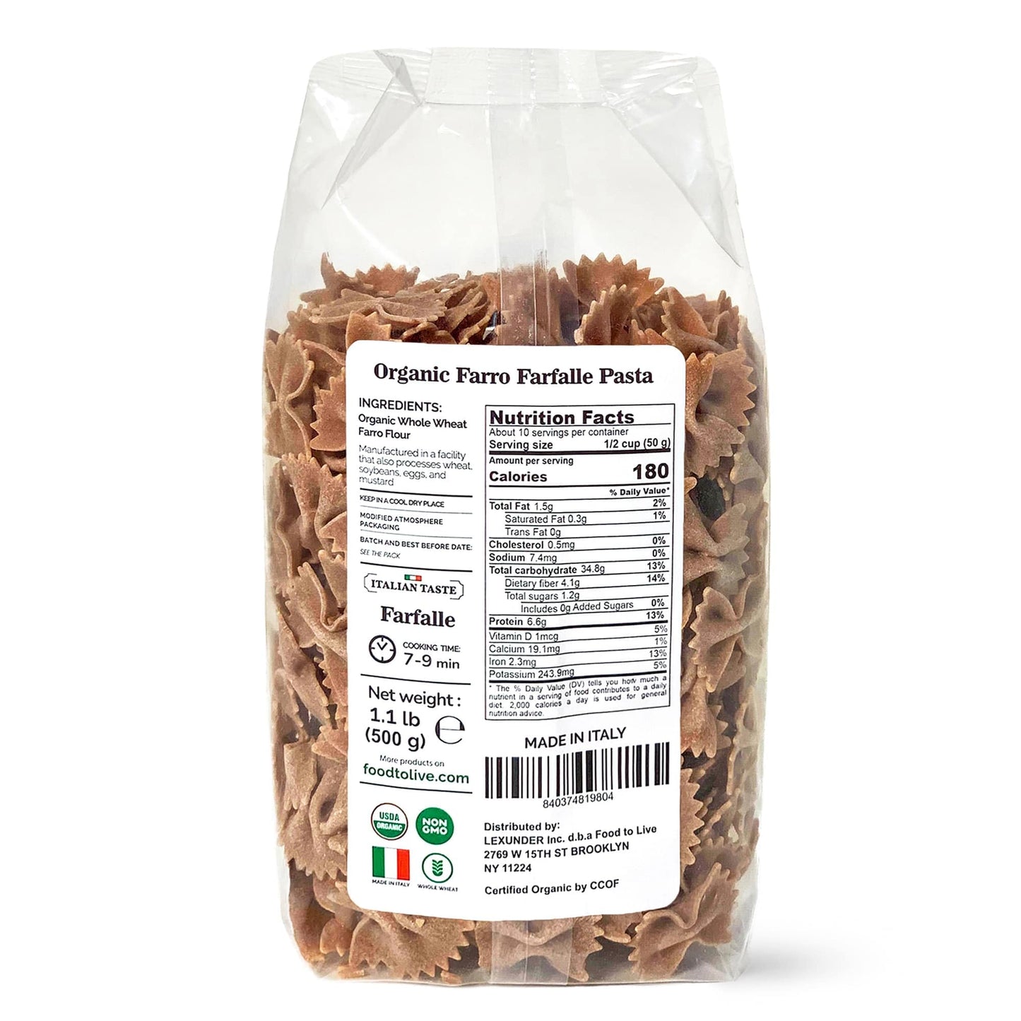 Food to Live - Organic Farro Farfalle Pasta, 1.1 lb (Pack of 16) - Italian Whole Wheat and Non-GMO Bow-tie Pasta, Single Ingredient
