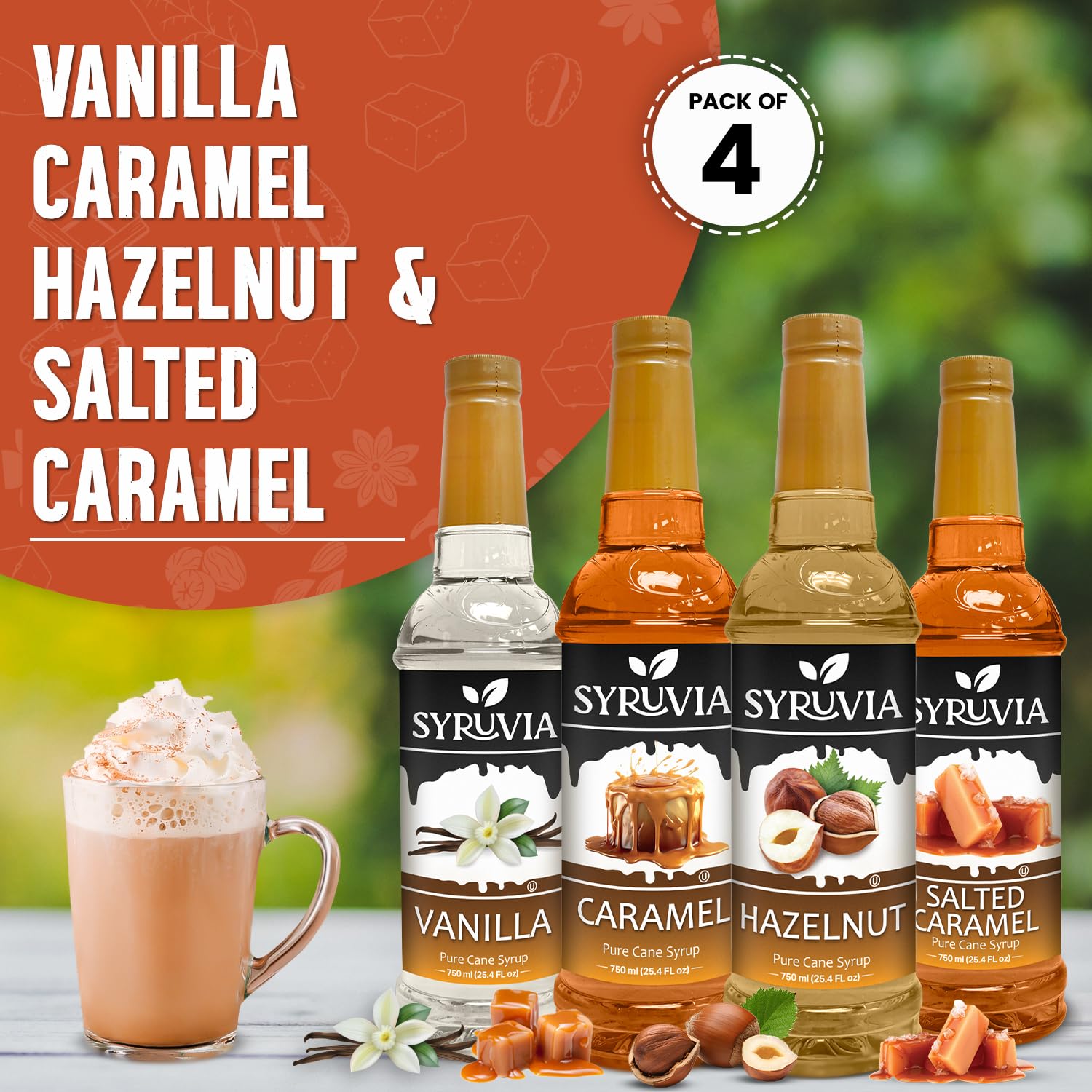 Syruvia Coffee Syrup Variety Pack Vanilla, Caramel, Hazelnut & Salted Caramel Kosher, 25.4 fl oz bottles - Elevate Your Coffee Experience!