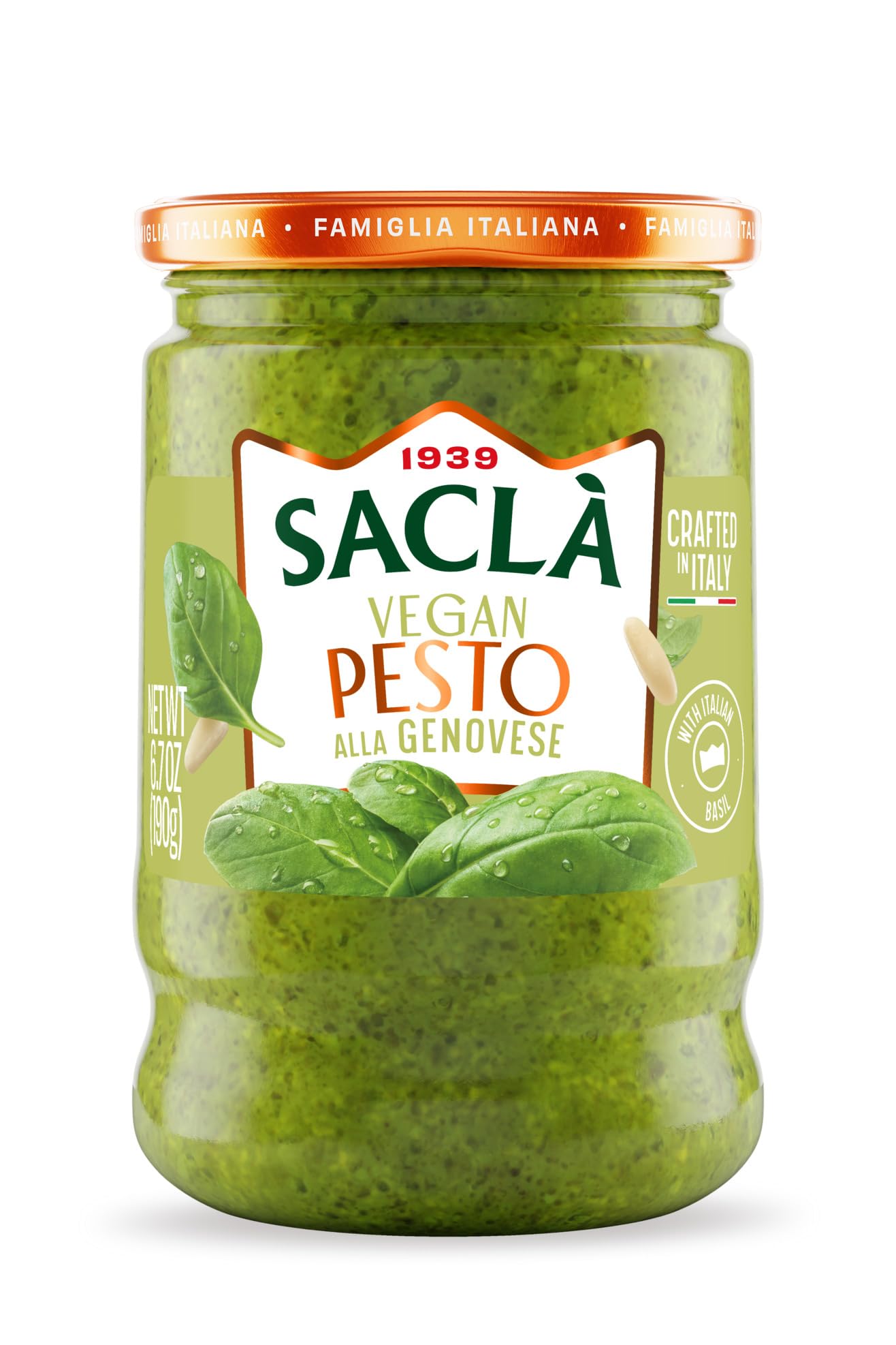 SACLA Vegan Basil Pesto alla Genovese | Dairy-Free Pesto Sauce made from Fresh Italian Basil & Cashews | 6.7 oz Glass Jar | Non-GMO, Plant-Based |