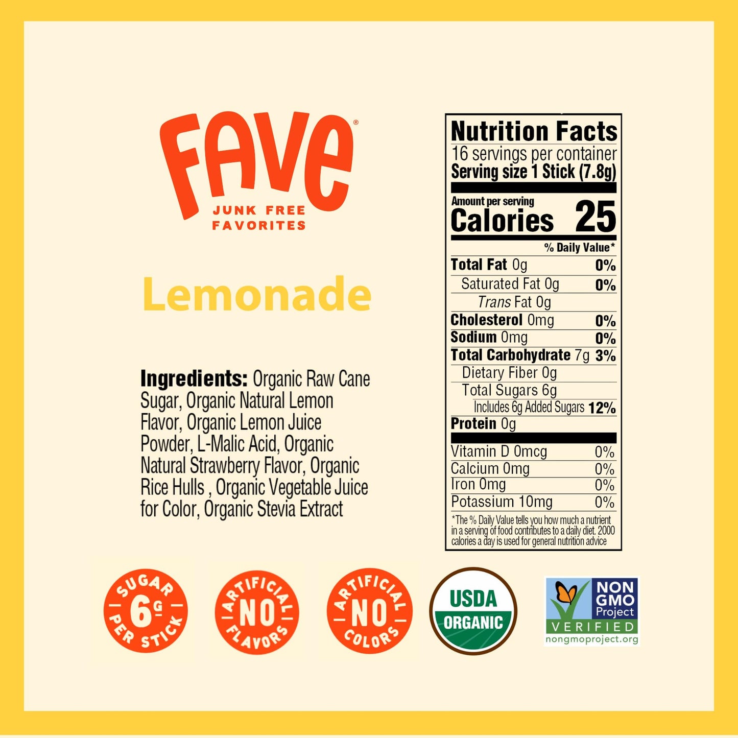 FAVE USDA Organic Lemonade Drink Mix, 16 Stick Pouch | No Artificial Colors or Flavors, Non-GMO
