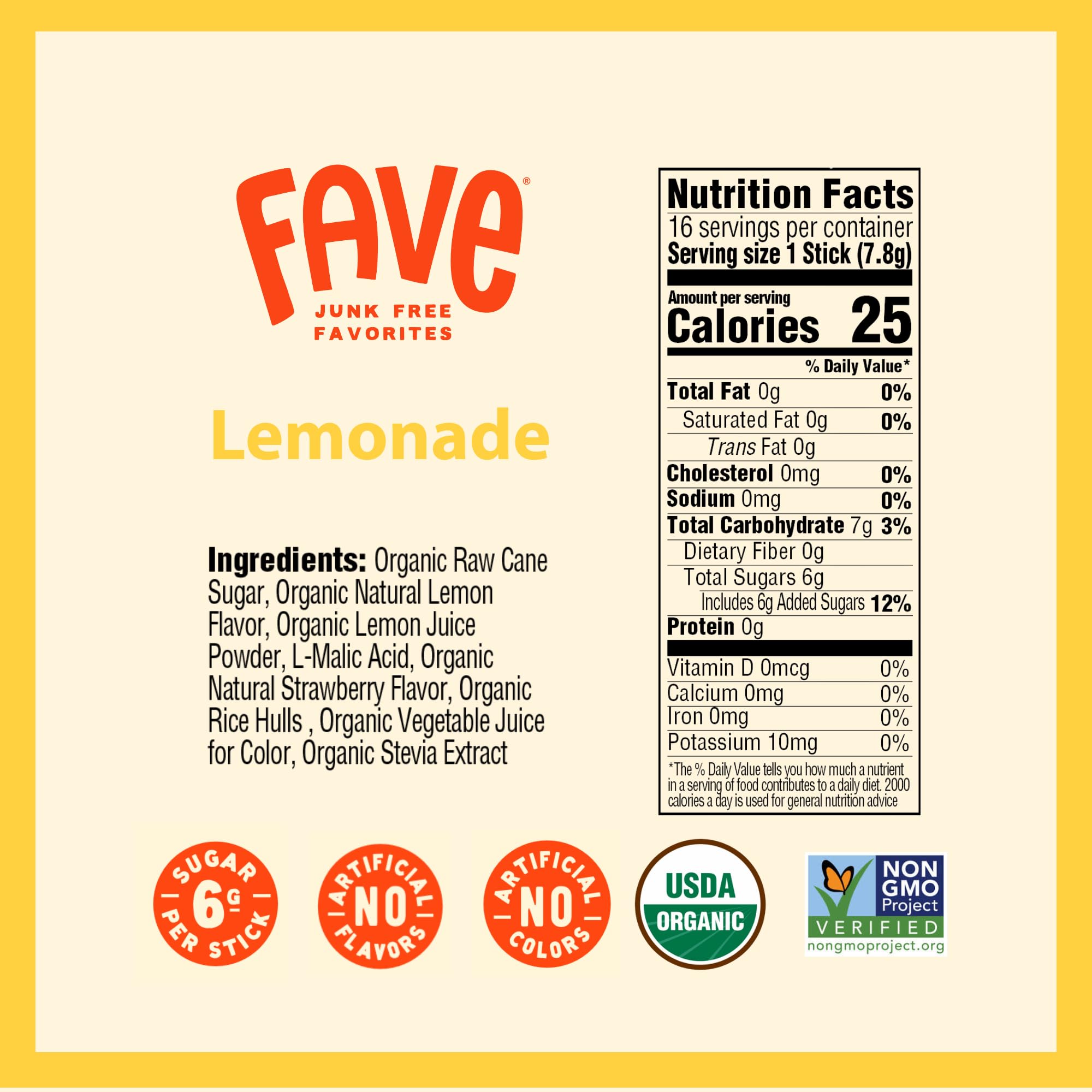 FAVE USDA Organic Lemonade Drink Mix, 16 Stick Pouch | No Artificial Colors or Flavors, Non-GMO