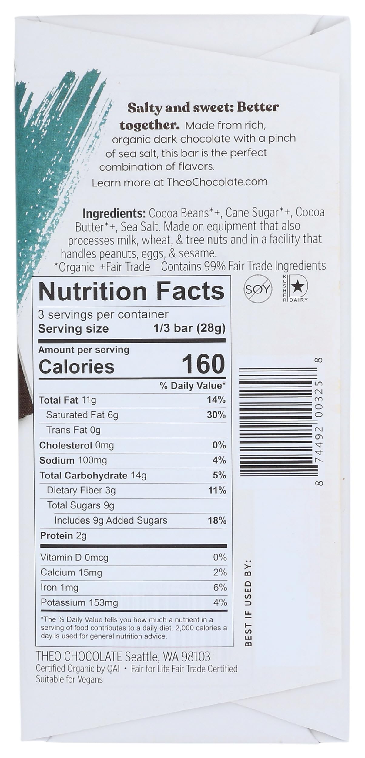 Theo Sea Salt Organic Dark Chocolate Bar, 70% Cacao, 1 Bar | Vegan, Fair Trade