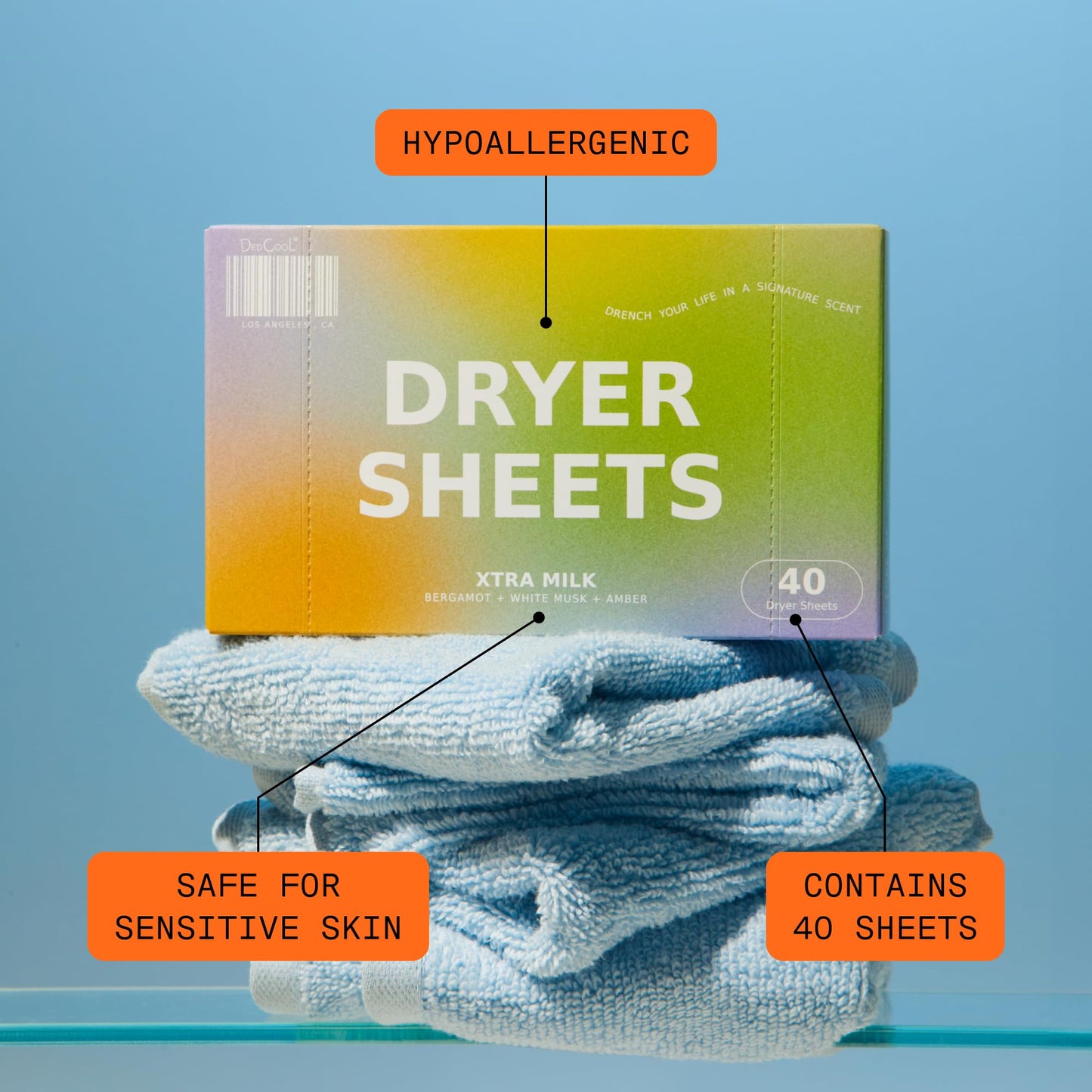 DedCool Dryer Sheets in Xtra Milk | 40 Count | Non-Toxic, Vegan Fabric Softener Sheets | Bergamot, Vanilla & Amber Scent | Softens & Freshens