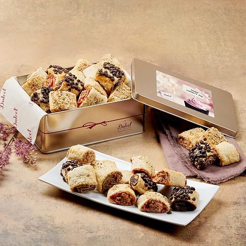 Dulcet Gift Baskets Mothers Day Rugelah Gift Tin - Chocolate Chip, Cinnamon & Raspberry Apricot Flavors for Mom, Women & Family - Personal Note Option