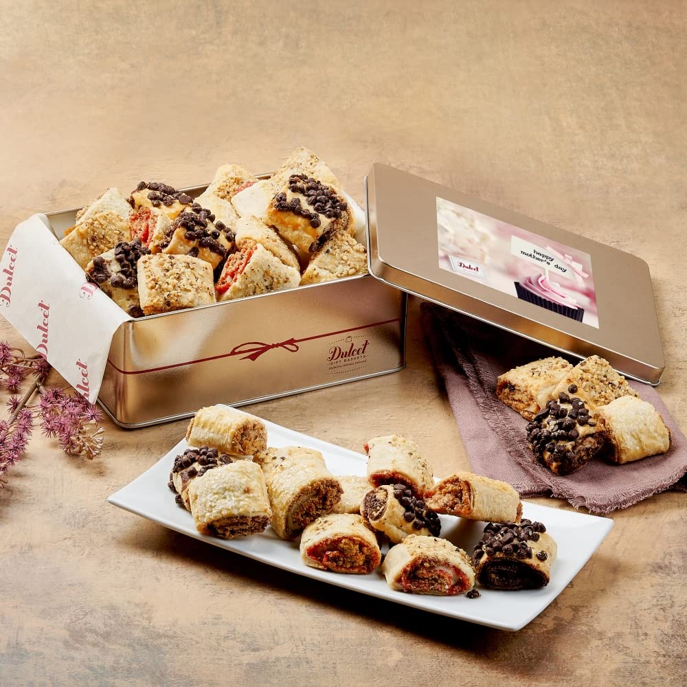Dulcet Gift Baskets Mothers Day Rugelah Gift Tin - Chocolate Chip, Cinnamon & Raspberry Apricot Flavors for Mom, Women & Family - Personal Note Option