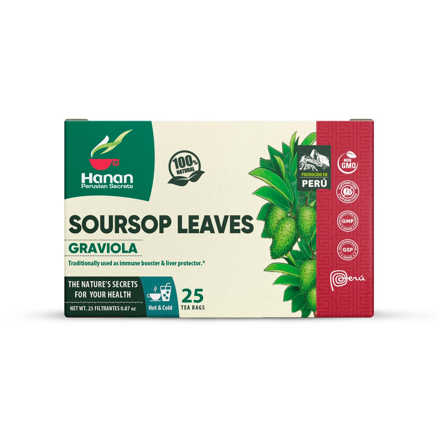 Hanan Peruvian Secrets Hojas De Guanabana-Graviola Herbal Tea | 100% Natural Soursop Leaves | 25 Tea Bags | Naturally Aids in Supporting the Liver