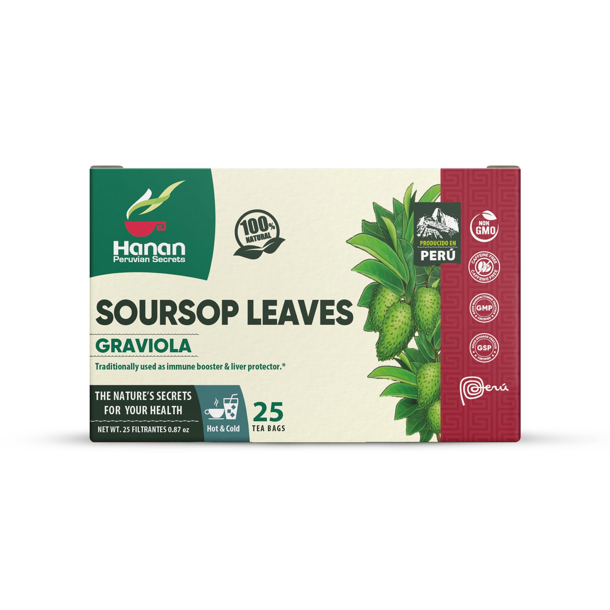 Hanan Peruvian Secrets Hojas De Guanabana-Graviola Herbal Tea | 100% Natural Soursop Leaves | 25 Tea Bags | Naturally Aids in Supporting the Liver