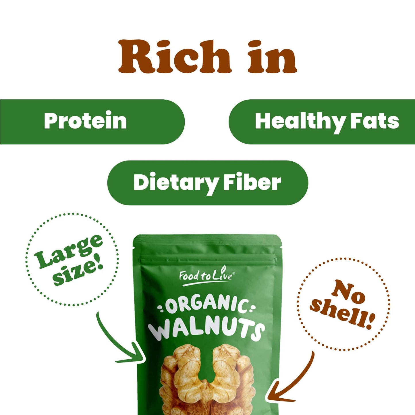 Food to Live Organic California Walnuts Halves & Pieces, 8 Ounces Non-GMO, Raw, Unsalted, Shelled, Vegan, Kosher, Sirtfood, Bulk Snack. High in