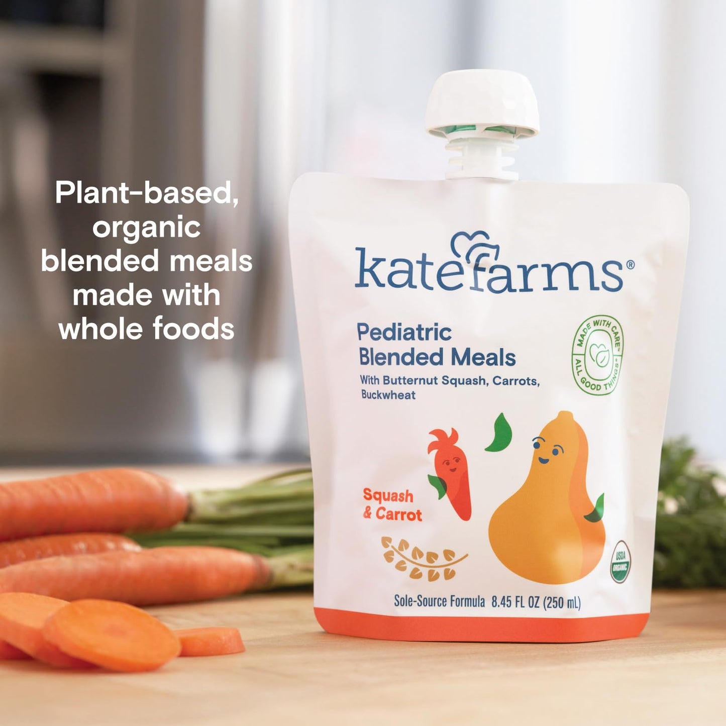 KATE FARMS Organic Pediatric Blended Meal, Squash and Carrot, 8g protein, organic whole foods, oral or tube feed nutrition, Gluten Free, Non-GMO, 8.45