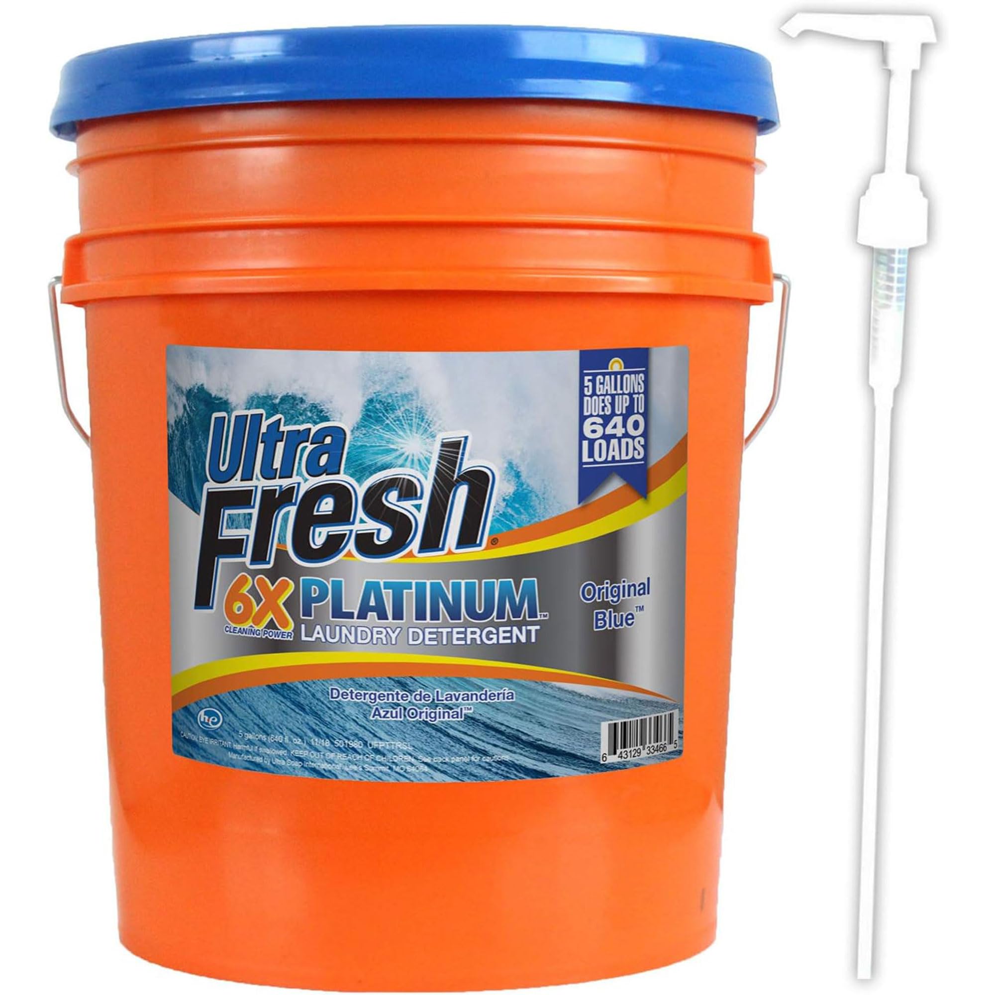 Ultra Fresh 6X Platinum 5 Gallon Laundry Detergent Liquid for All Machine Types with Easy Dispensing Pump, Up to 640 Loads, Original Blue (2 Pack)