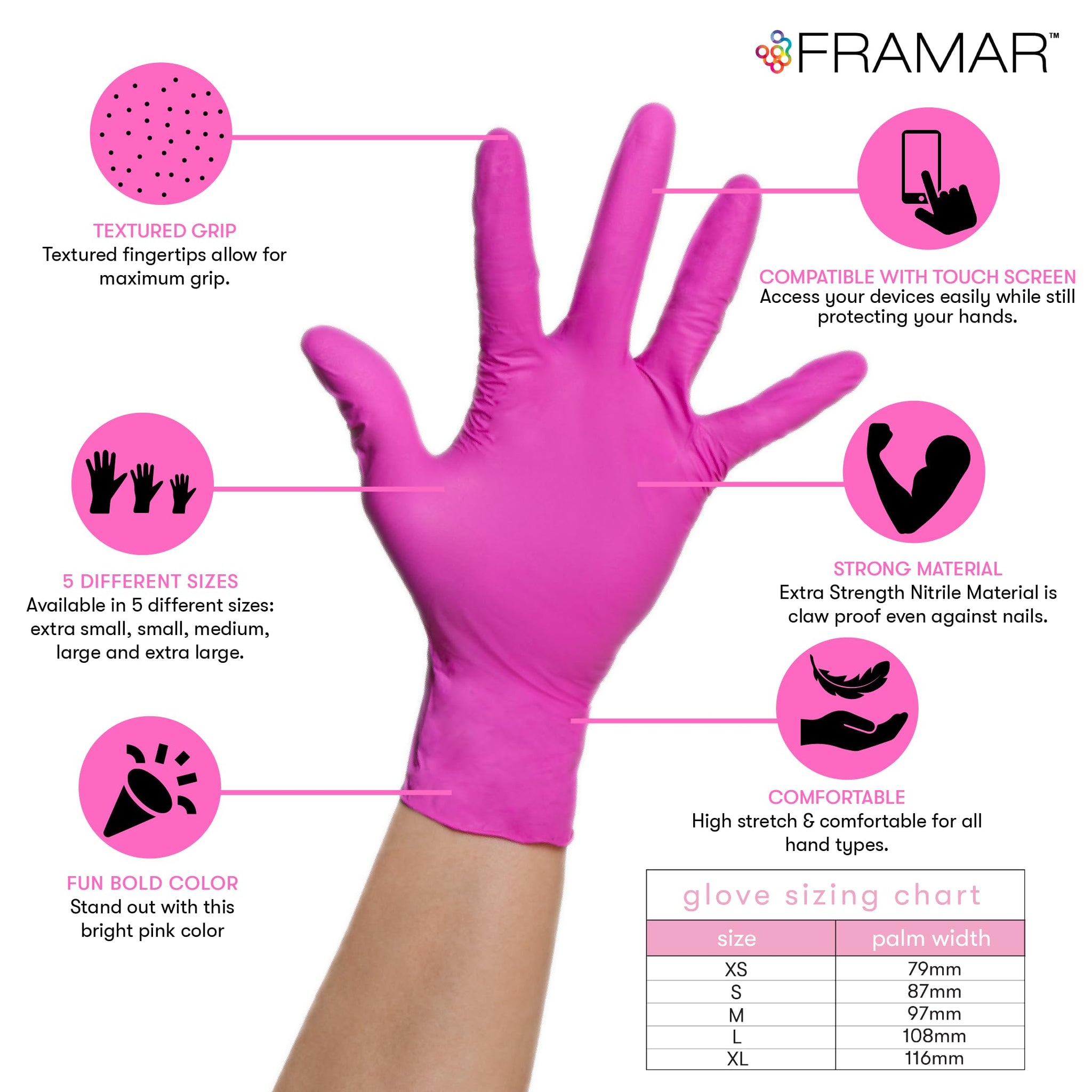 FRAMAR Pink Gloves Disposable Latex Free XS - Pink Nitrile Gloves XS, Nitrile Glove For Hair Dye, Salon, Cleaning, Tattoo, Food Prep, Non Latex