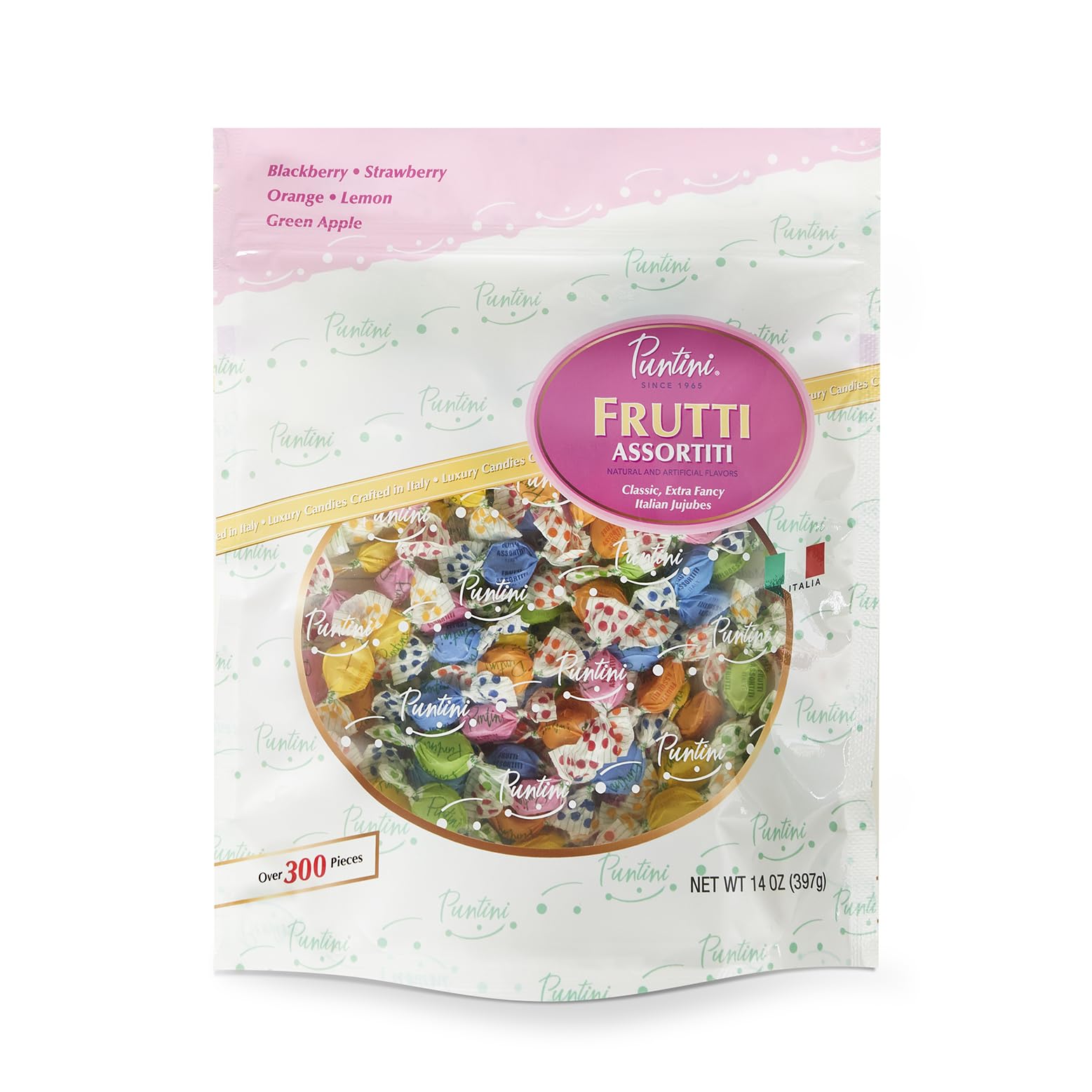 PUNTINI Frutti Assortiti Italian Gourmet Chewy Jujubes, Assorted Fruit Flavors, Individually Wrapped Vegan Candy, Gluten Free, Non-GMO, Resealable