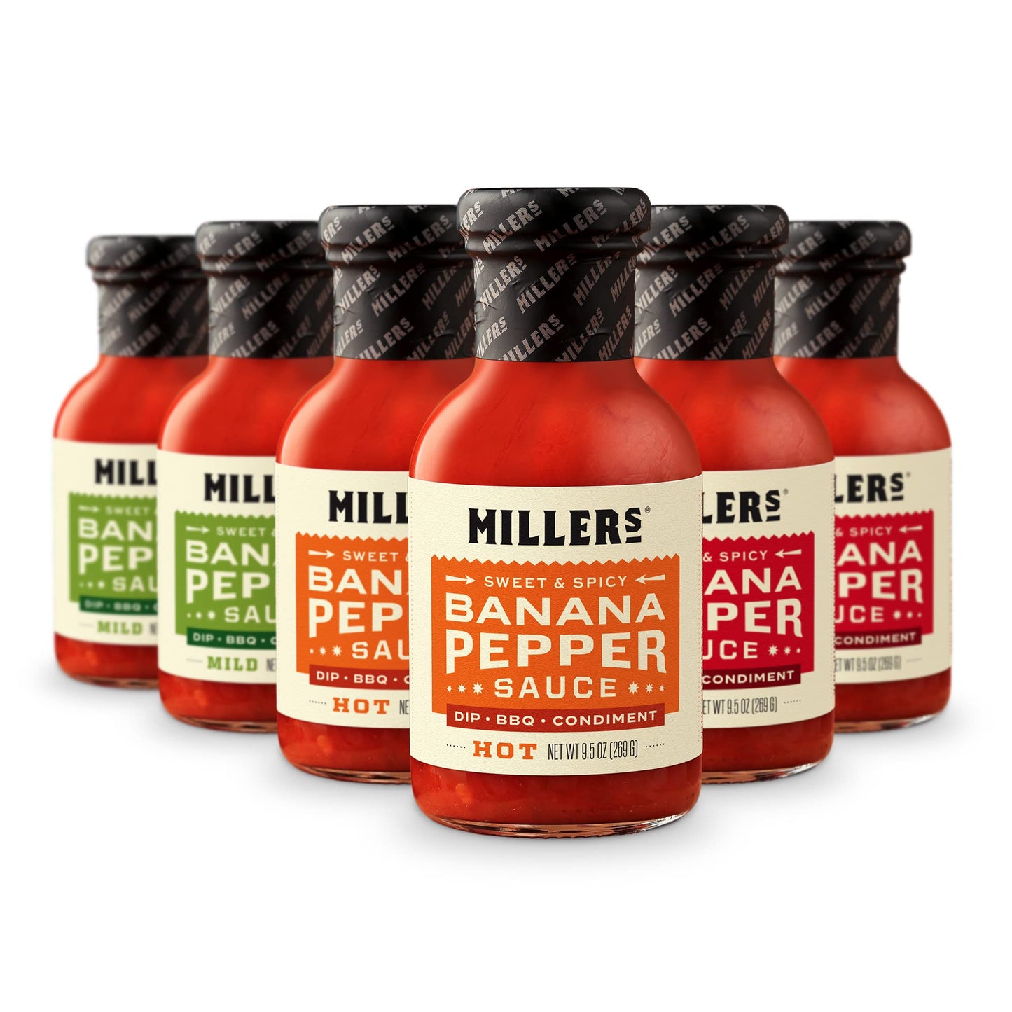 Miller's Banana Pepper Sauce Variety Pack - Includes Hot, Mild, Habanero Hot Sauce Variety Pack - Use for Chicken Wing, Burger, Sandwich, Mexican Dish