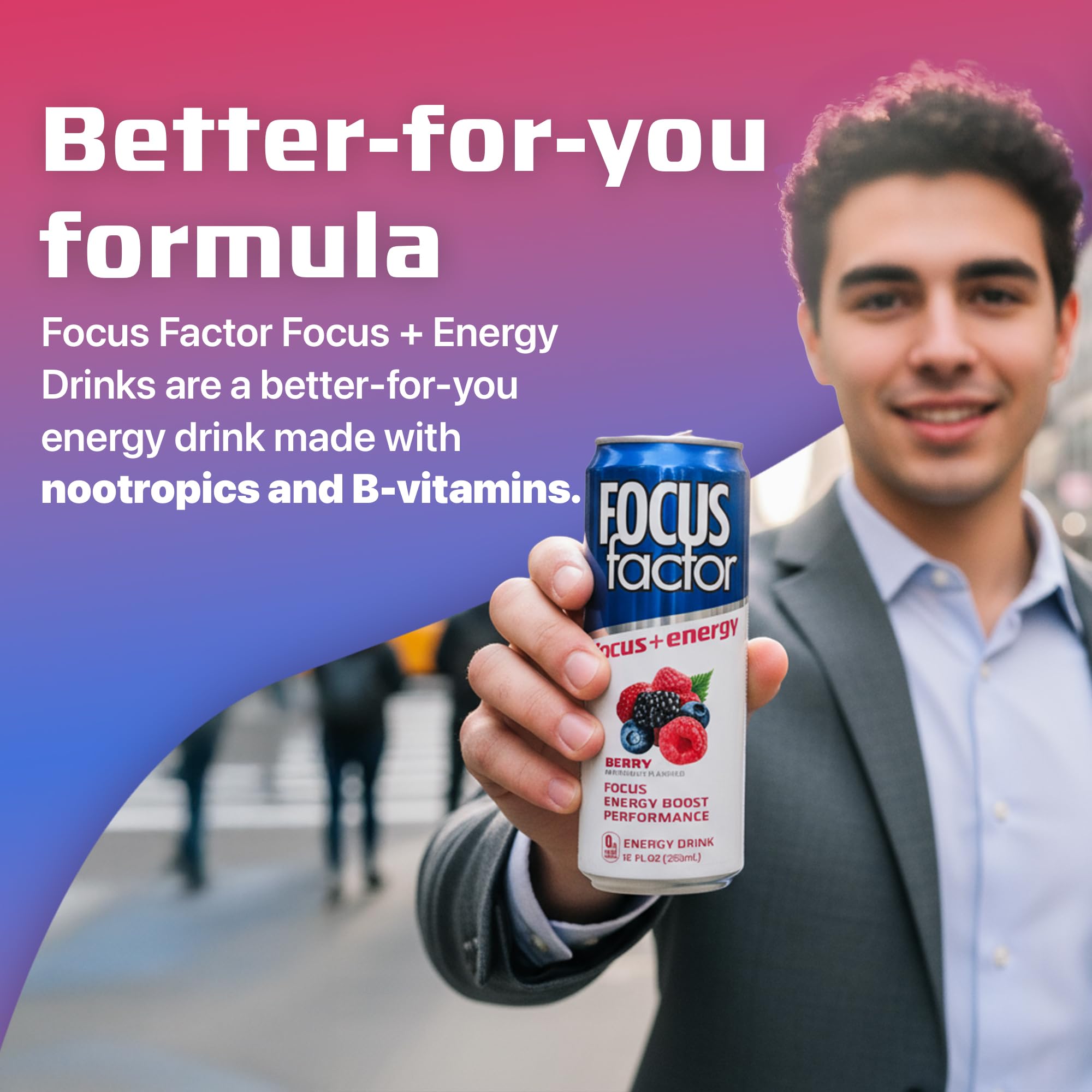 Focus Factor Energy Drink - 12 x 355ml Cans (Berry Flavour) - with Focus + Energy - Lightly Carbonated, Sugar Free, Low Calorie with Vitamins B6 & B12