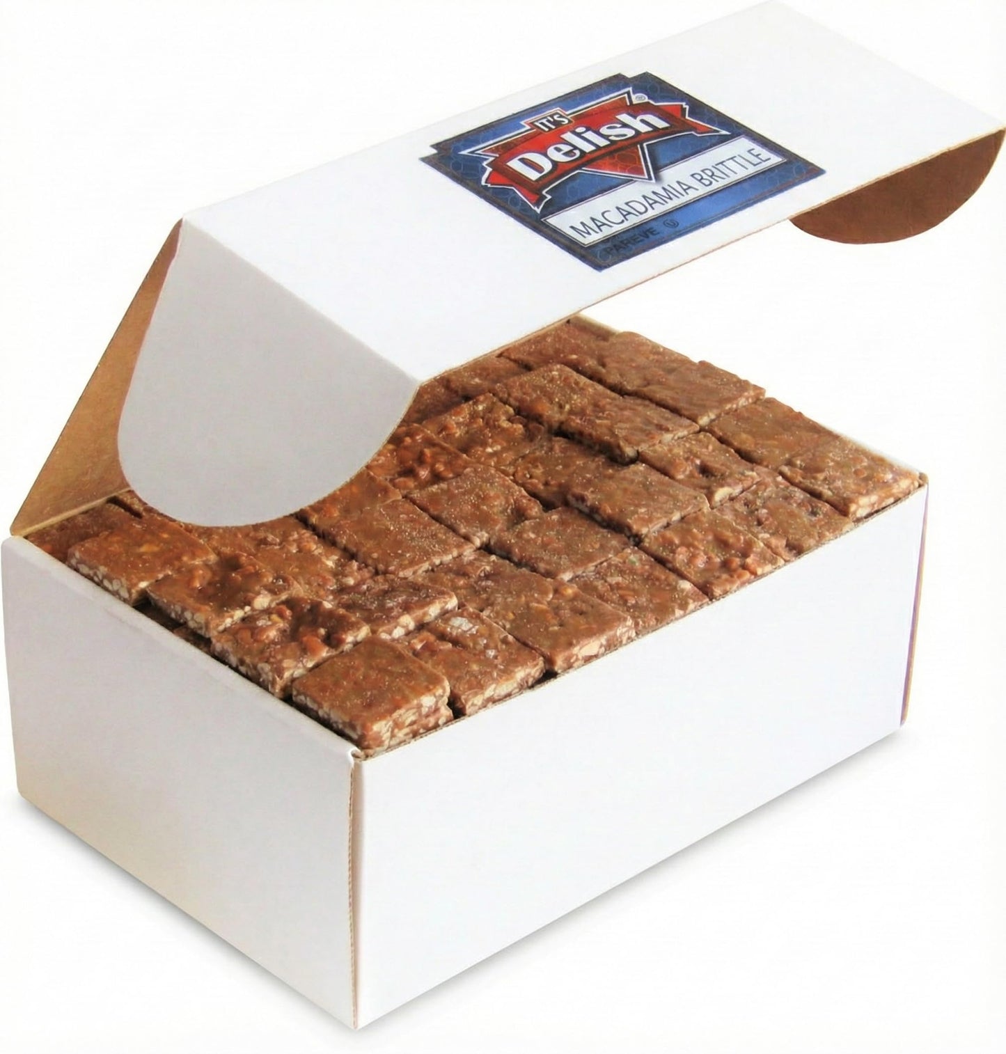 Gourmet Macadamia Brittle by It's Delish, 6 LBS Bulk Box - Old Fashion Style Macadamias Brittle in Square Cut Pieces - Sweet & Crunchy Candy in Bulk