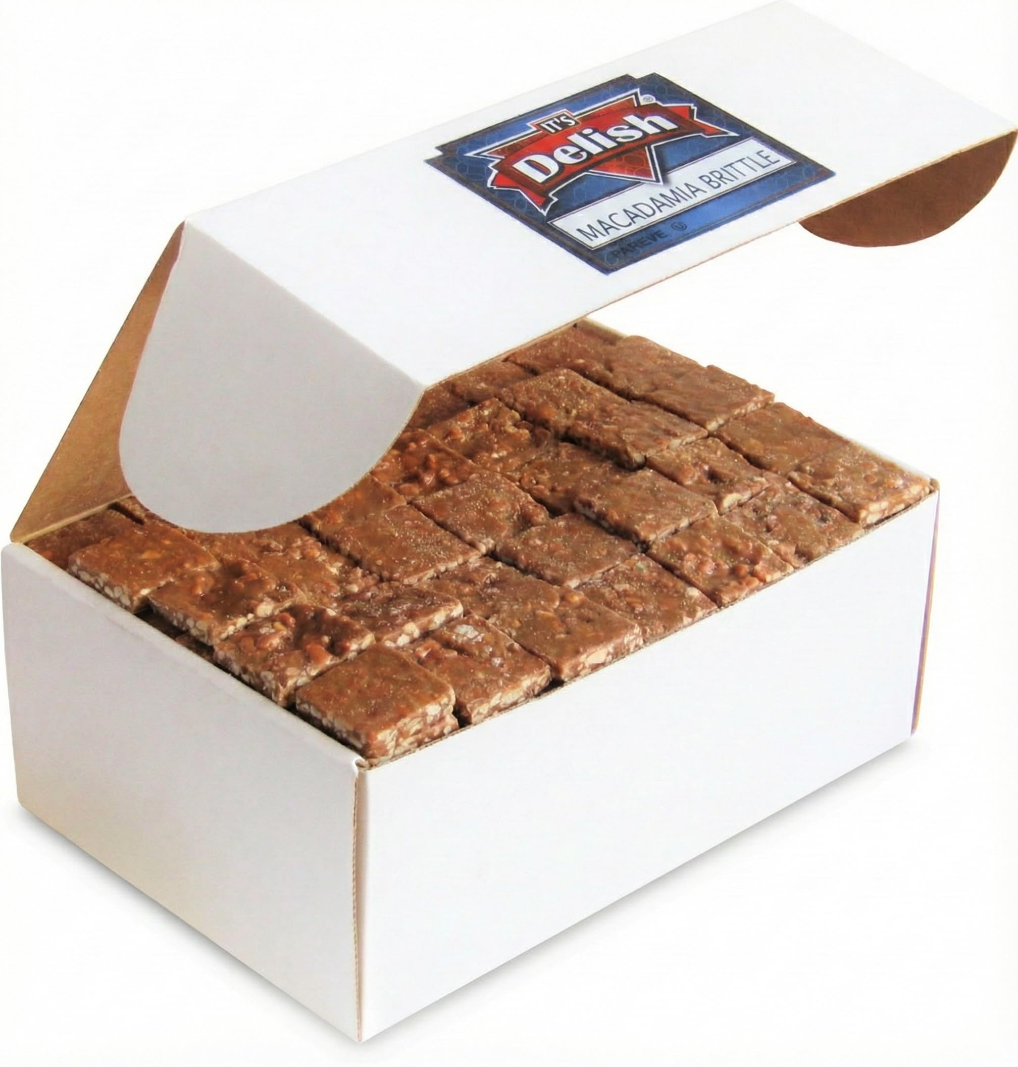 Gourmet Macadamia Brittle by It's Delish, 6 LBS Bulk Box - Old Fashion Style Macadamias Brittle in Square Cut Pieces - Sweet & Crunchy Candy in Bulk