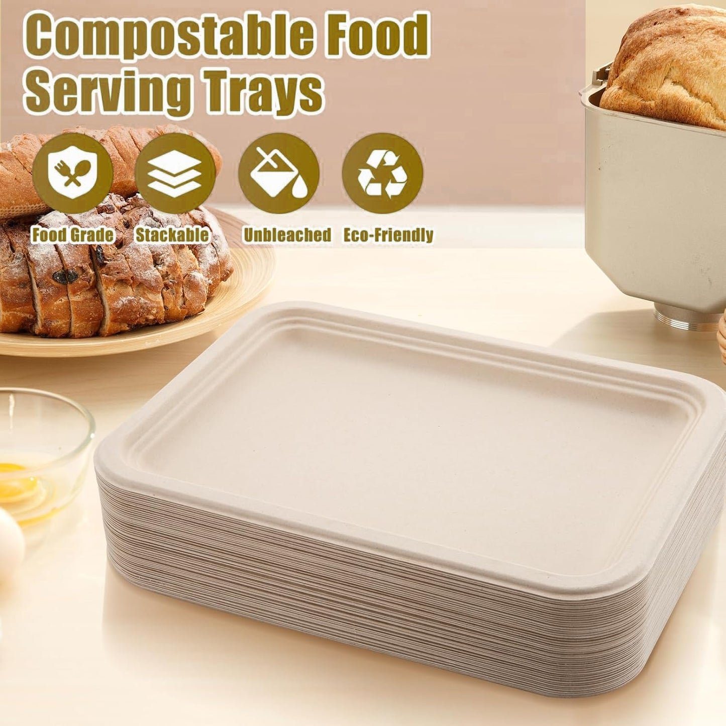 Yihurlm 50 Pack Disposable Food Trays,14 Inch Extra Large Paper Plates,Heavy Duty Disposable Trays,Compostable Food Serving Trays, Biodegradable