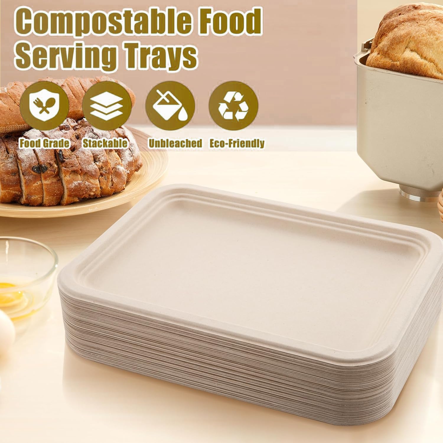 Yihurlm 50 Pack Disposable Food Trays,14 Inch Extra Large Paper Plates,Heavy Duty Disposable Trays,Compostable Food Serving Trays, Biodegradable