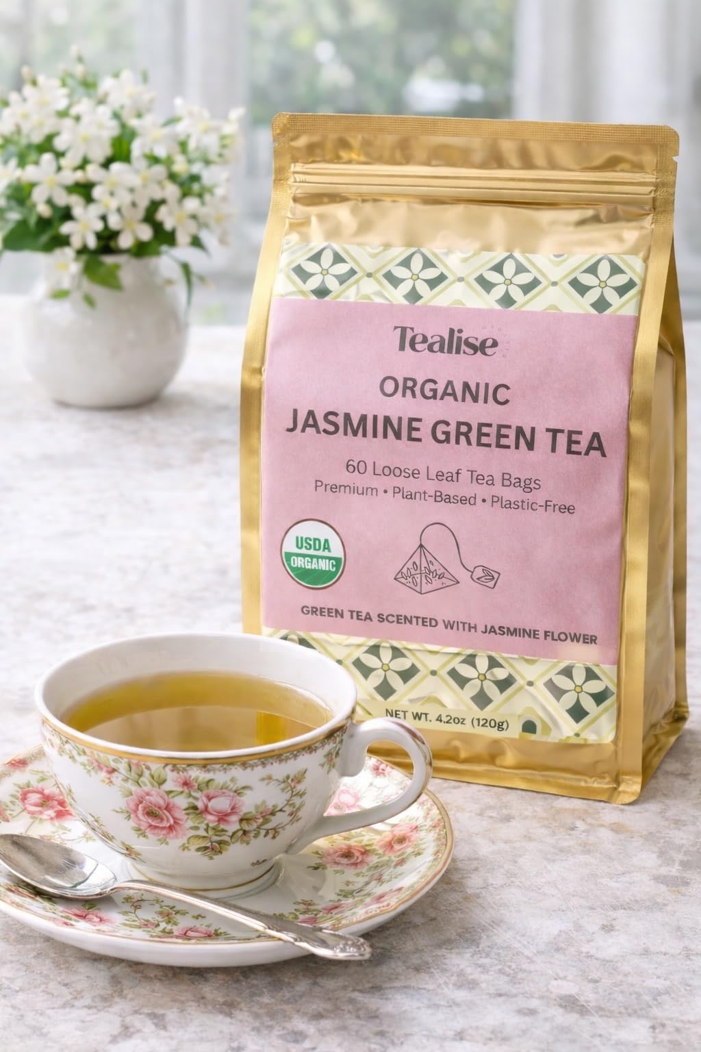 Organic Jasmine Green whole Leaf Pyramid Tea Bags - USDA Organic, Plant-Based & Plastic-Free Tea Bags, Smooth Floral Green Tea, 60 Count by Tealise