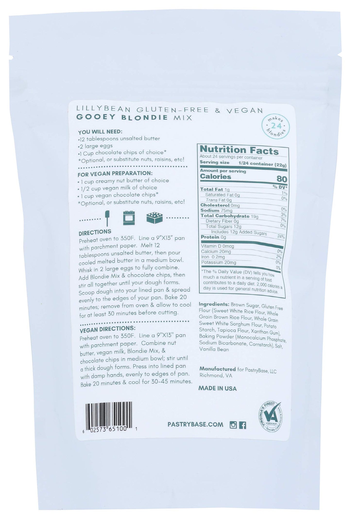 Lillybean By Pastrybase, Blondie Mix Gooey Gluten Free, 18 Ounce