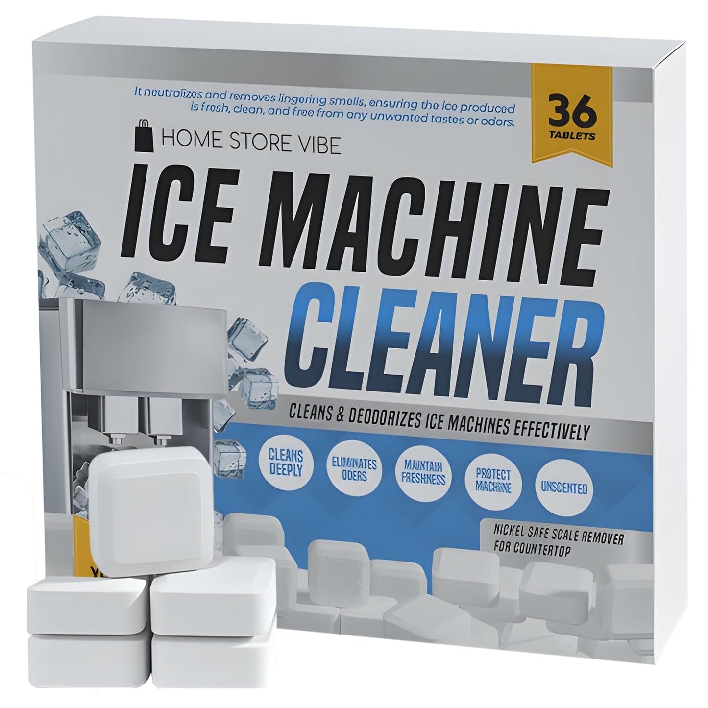 Home Store Vibe 36 Pcs Ice Maker Cleaner Tablets - Descaler & Cleaning Solution for Ice Machines - Removes Odors & Build-up - Compatible