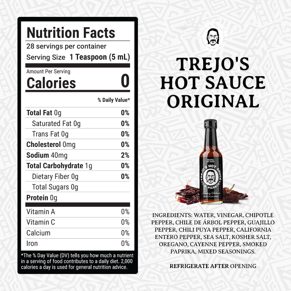 Trejo's All-Natural Hot Sauce, 12-Pack (5 oz. Bottles) Medium Heat Made from a Blend of Peppers, Zero Calories, Non-GMO