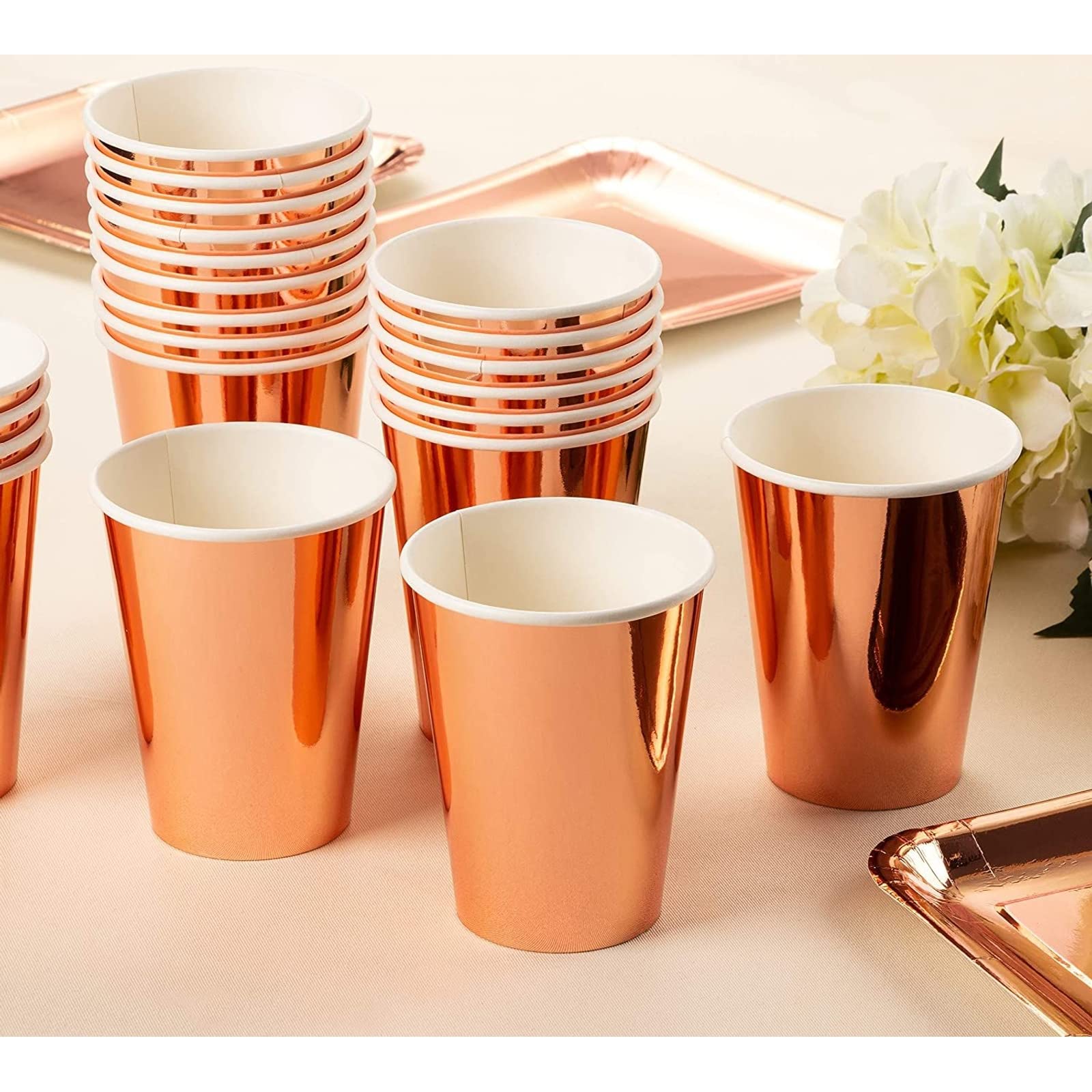 Juvale Rose Gold Foil Paper Cups - Party Supplies for Weddings & Baby Showers - 12 oz Disposable & Compostable Cups - Pack of 36
