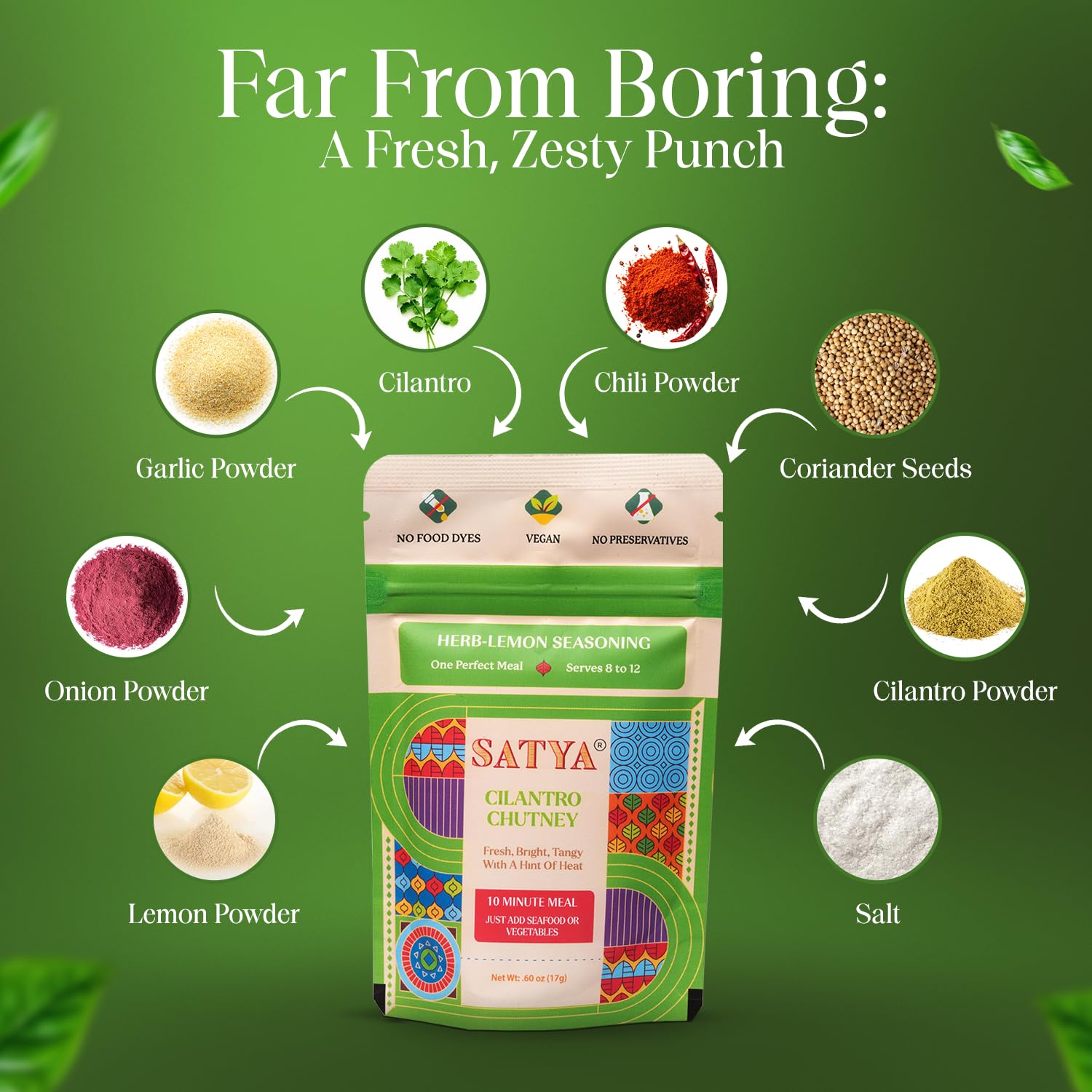 Satya Cilantro Chutney Powder Herb & Lemon Indian Seasoning Mix 5 Fresh Sachets x 17g Zesty Dry Chutney Powder for Vegetables, Seafood & Snacks Vegan